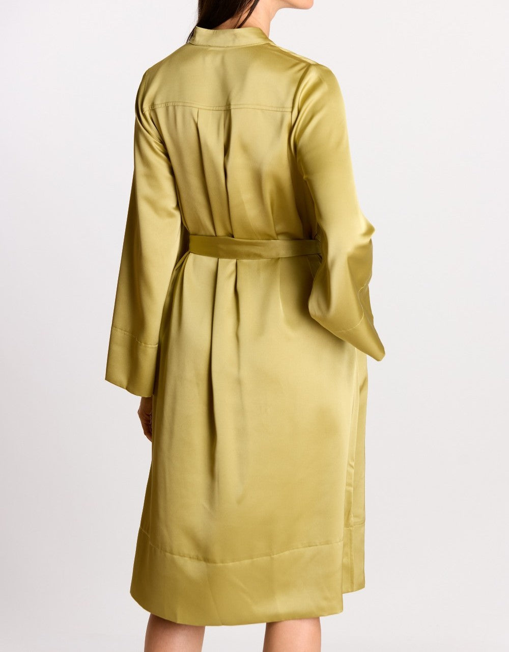 LIGHT MOSS SATIN LONG KIMONO SLEEVE BUTTON UP SHIRT MIDI DRESS