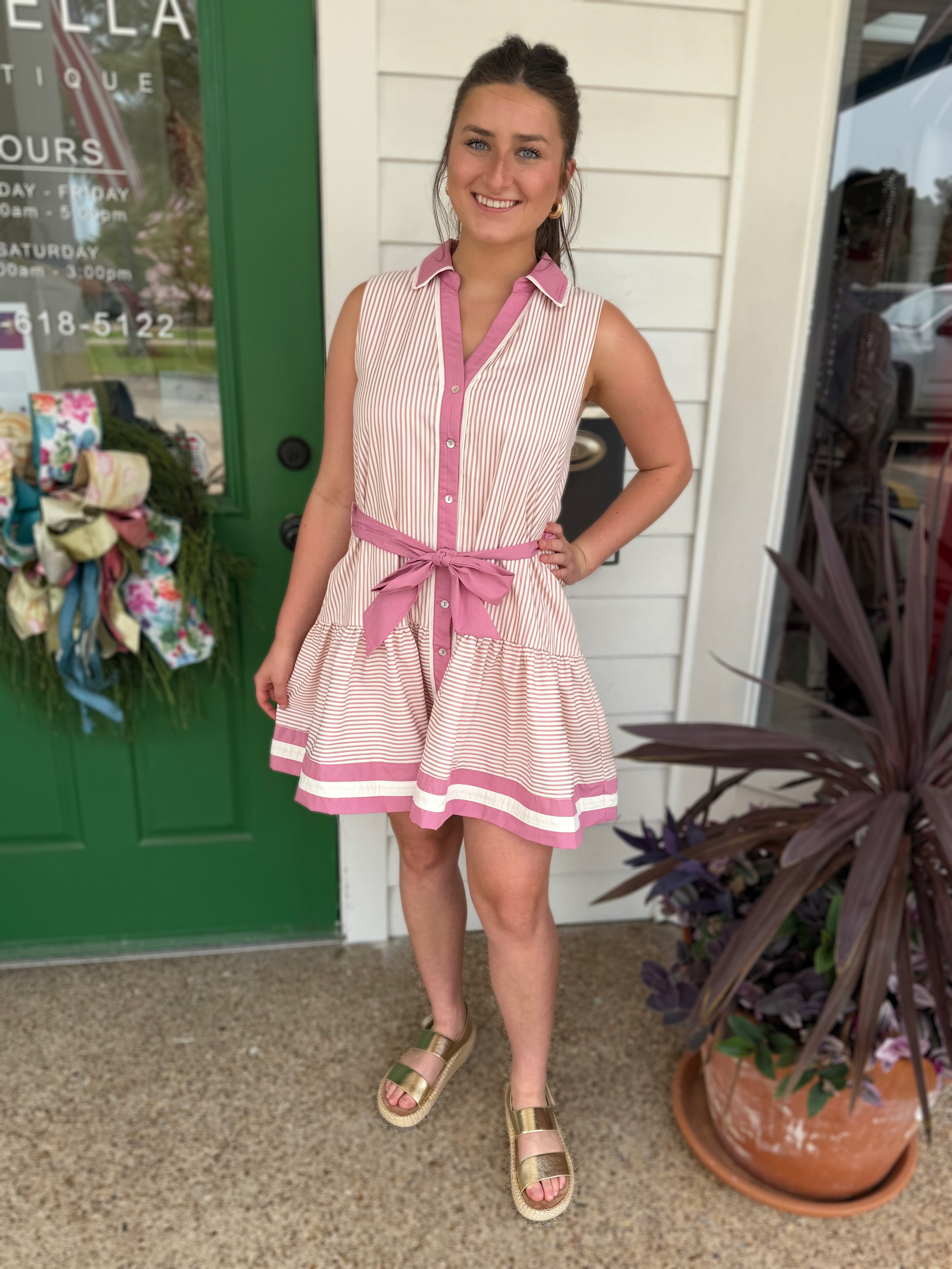 DUSTY PINK STRIPED CONTRAST BAND SLEEVELESS MINI DRESS