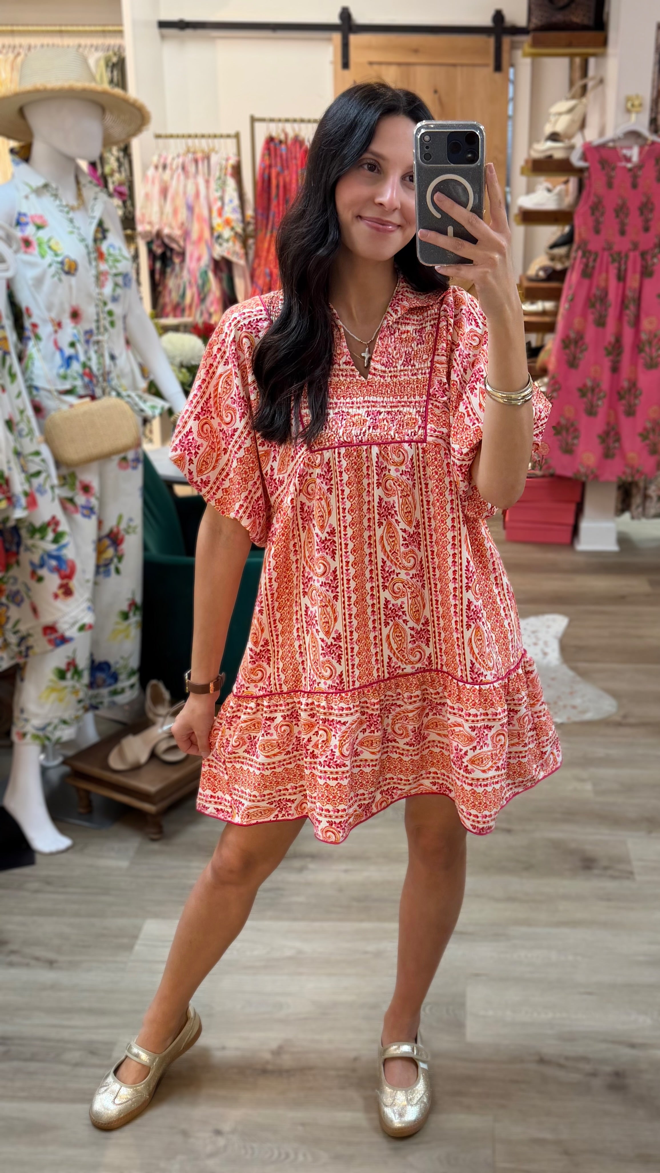 PINK MIXED PAISLEY PRINT SMOCKED FRONT YOKE PUFF SLEEVE MINI DRESS