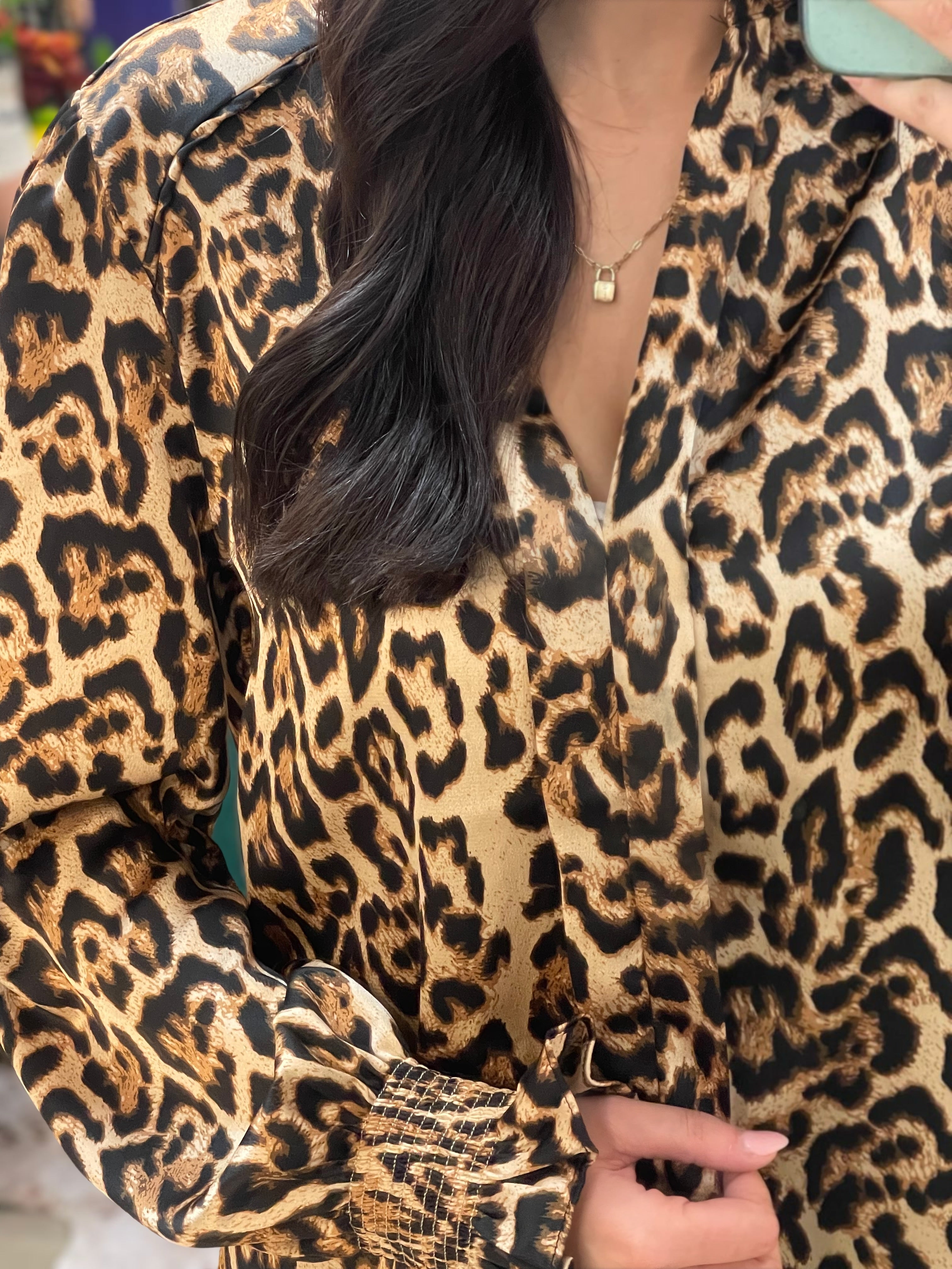 BROWN LEOPARD PRINT LONG BALLOON SLEEVE TOP