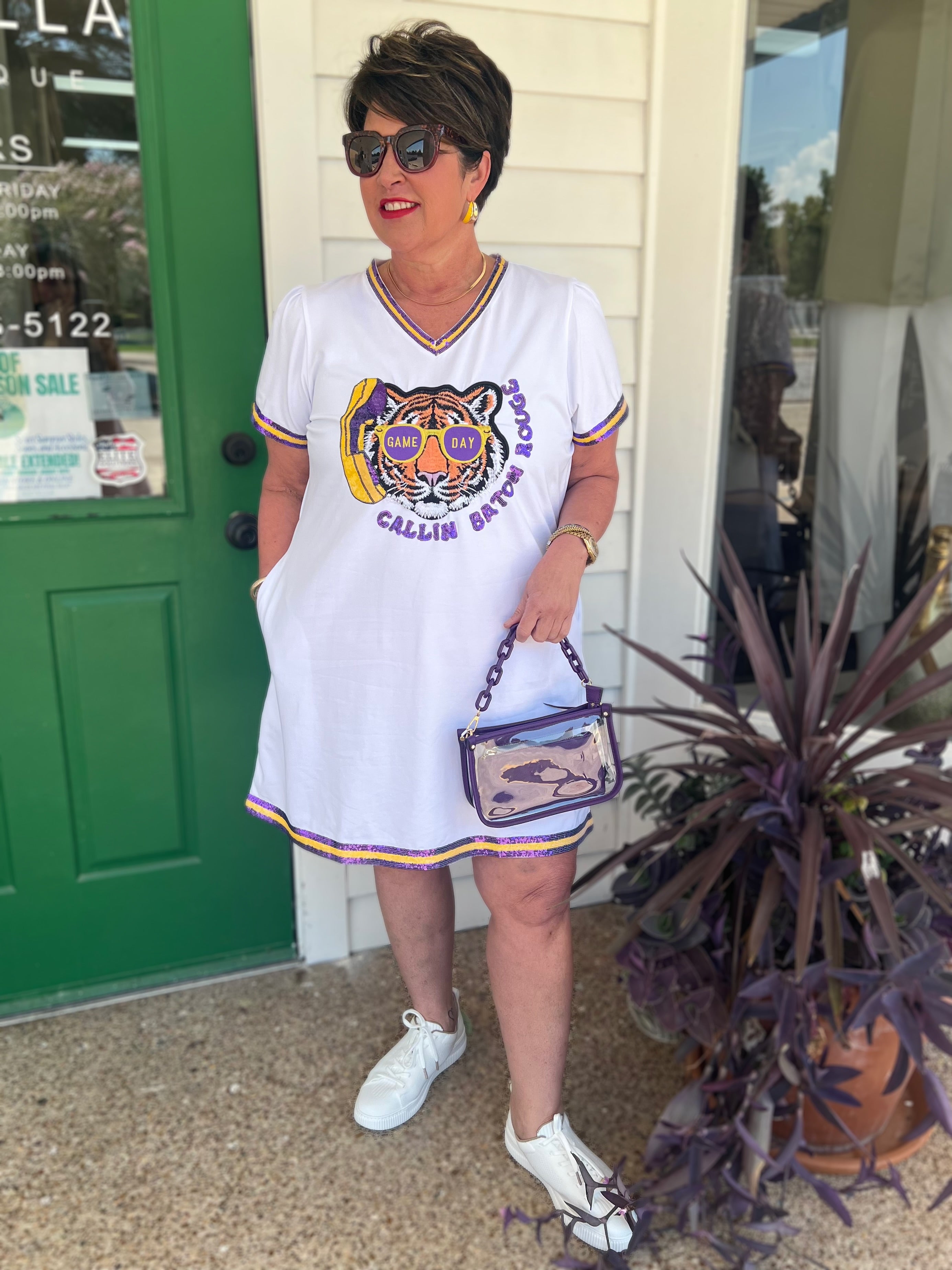 WHITE "CALLIN BATON ROUGE" TIGER PRINT SEQUIN MINI DRESS
