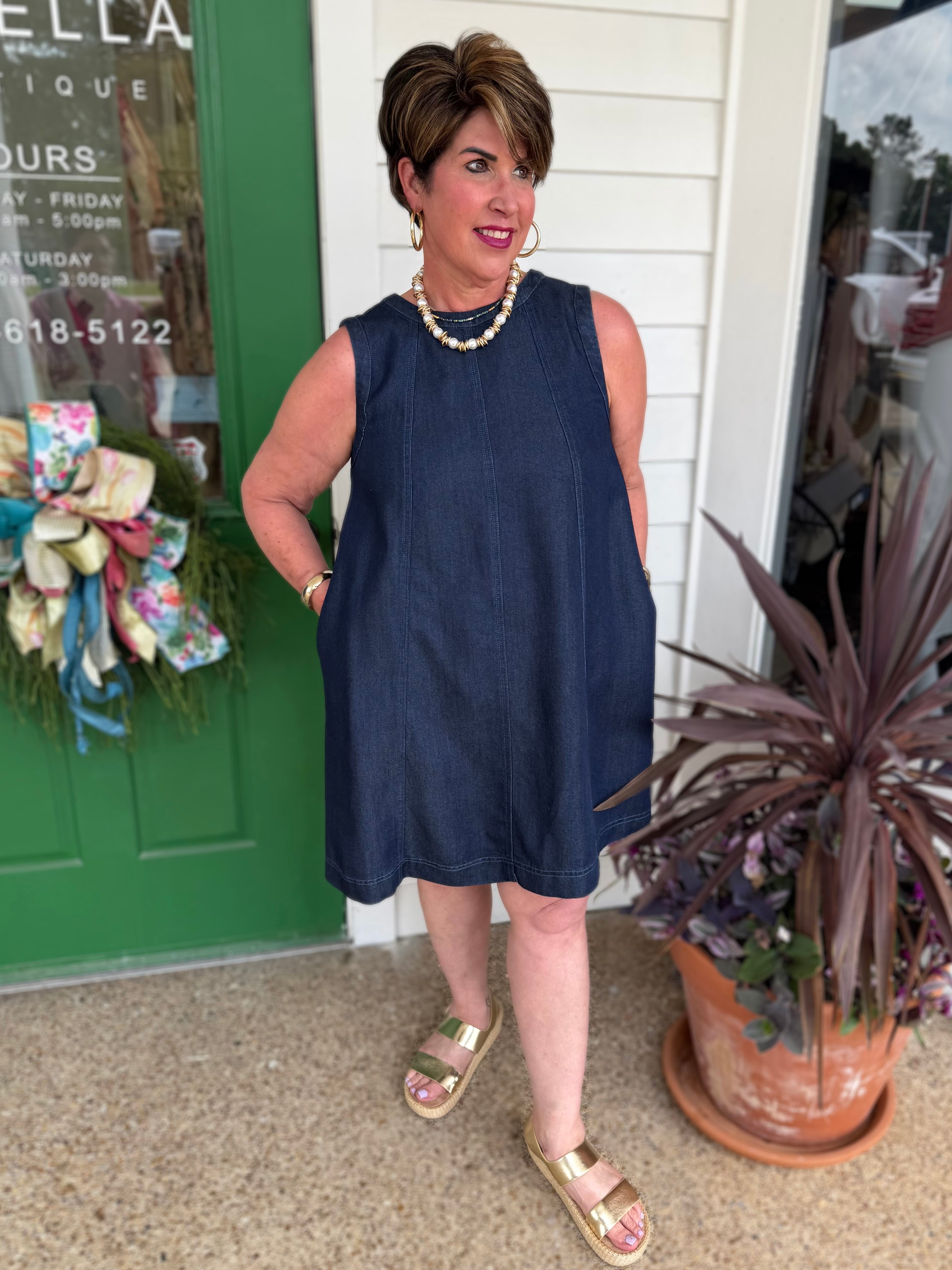 DARK DENIM SCOOP NECK SLEEVELESS FLARED MINI DRESS