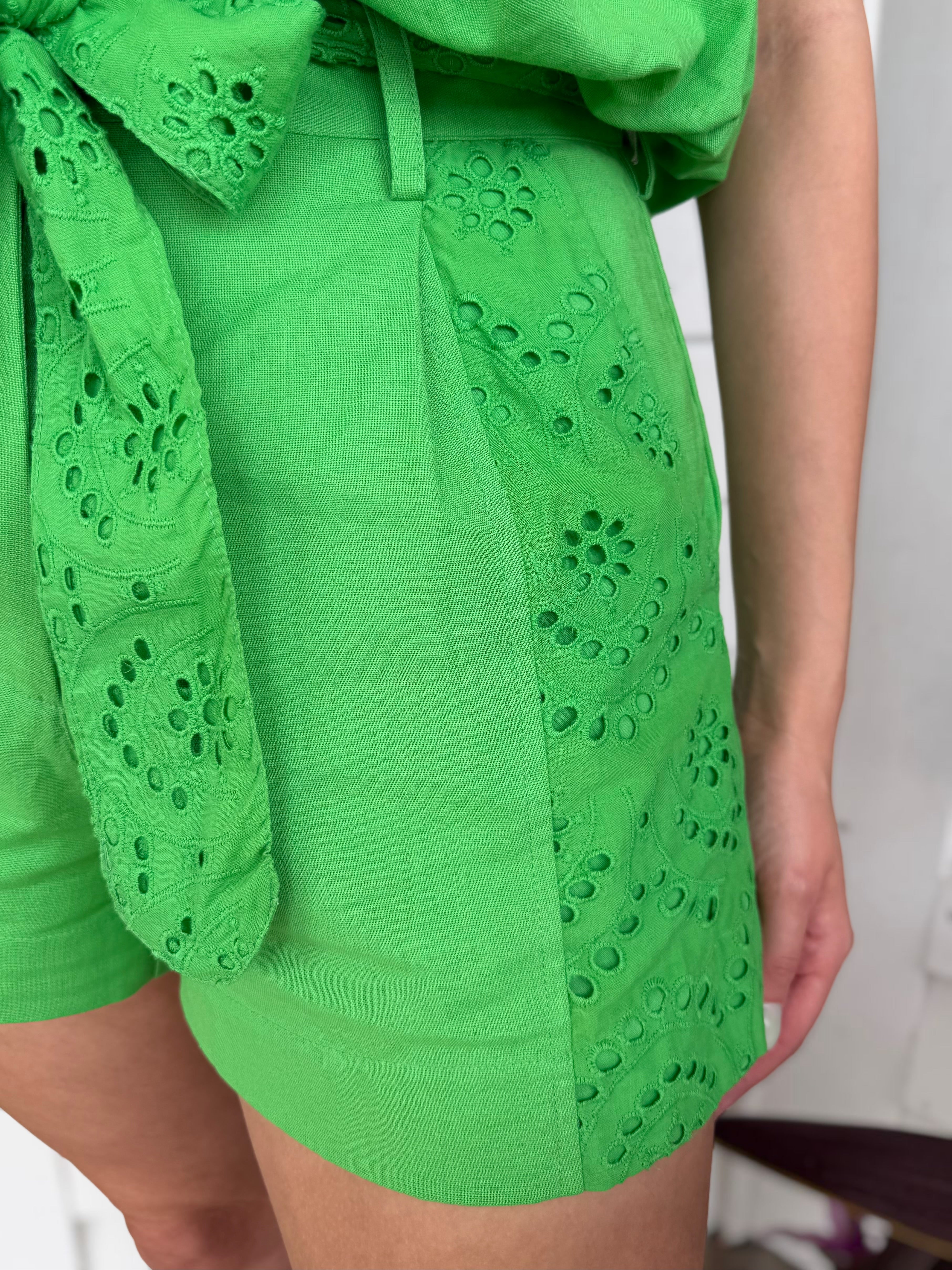 KELLY GREEN EYELET LACE PATCH ZELDA SHORTS