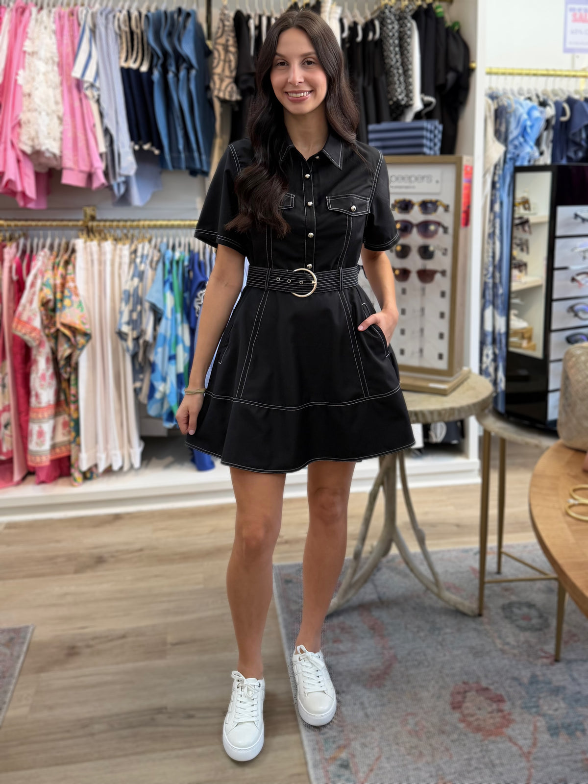 BLACK CONTRAST STITCH SHORT SLEEVE BELTED UTILITY SHIRT MINI DRESS