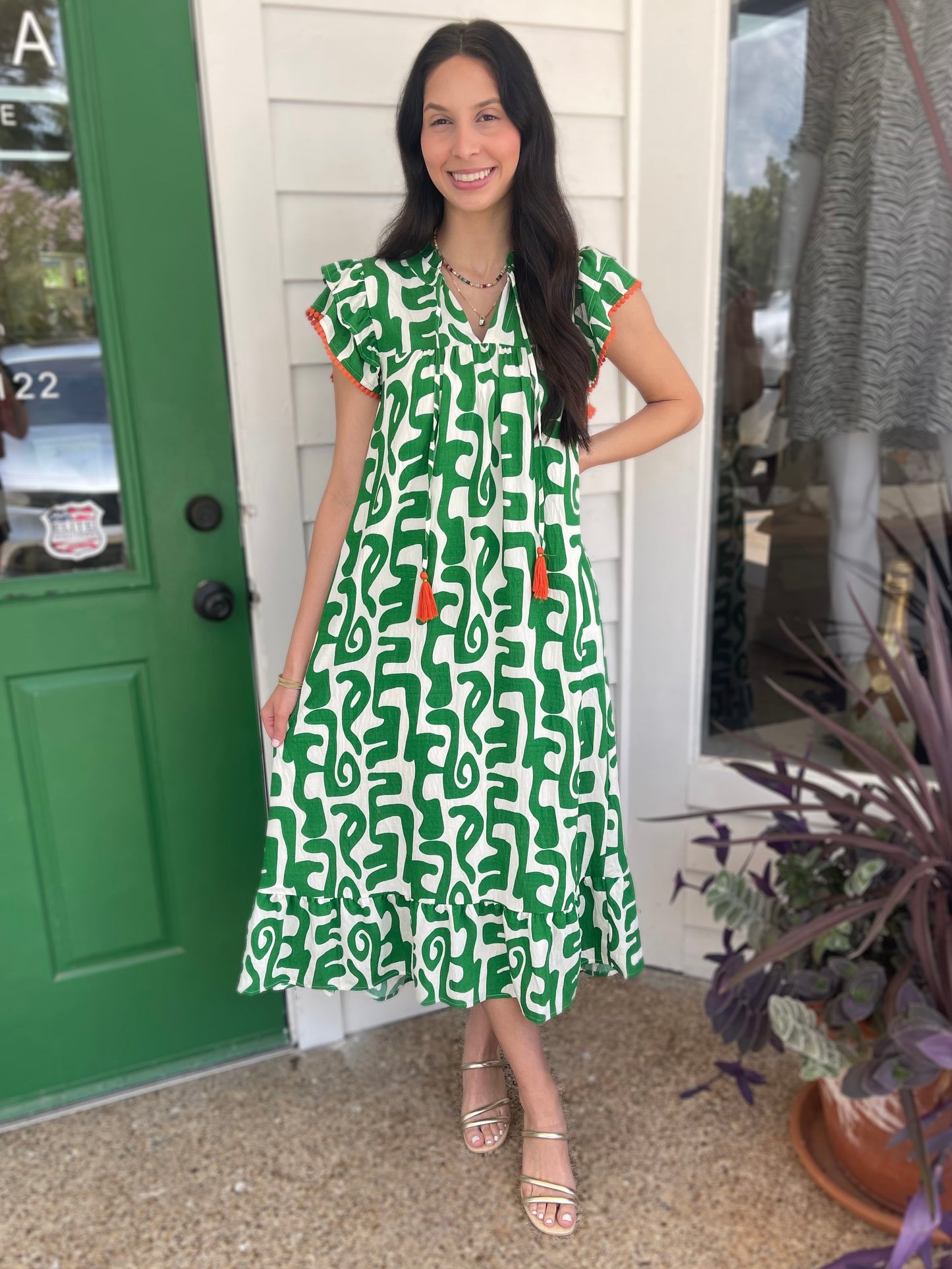 GREEN PRINTED TASSEL TIE FLUTTER SLEEVE MAXI DRESS