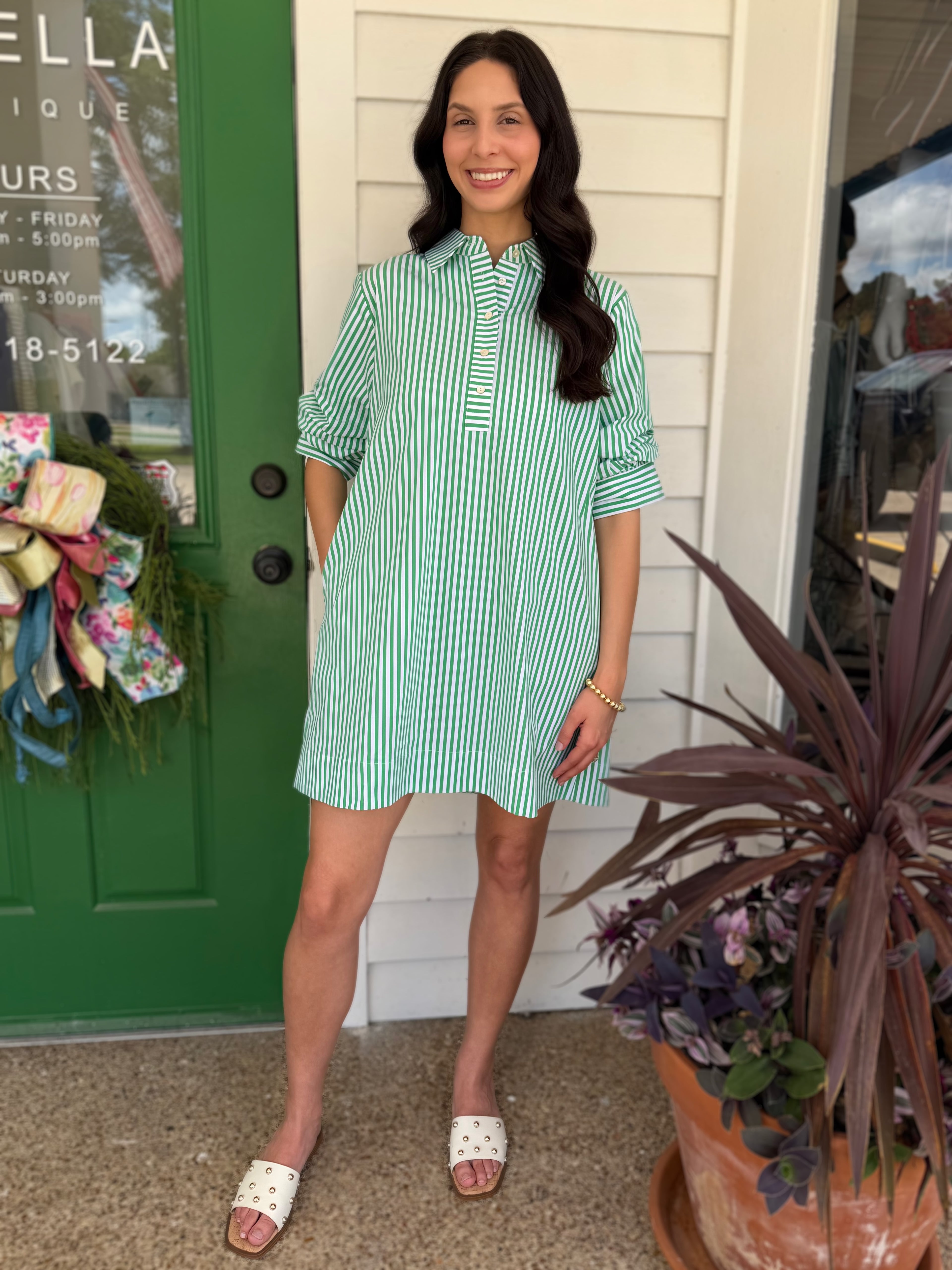 GREEN/WHITE STRIPE COLLARED BUTTON UP GATHERED SLEEVE MINI DRESS