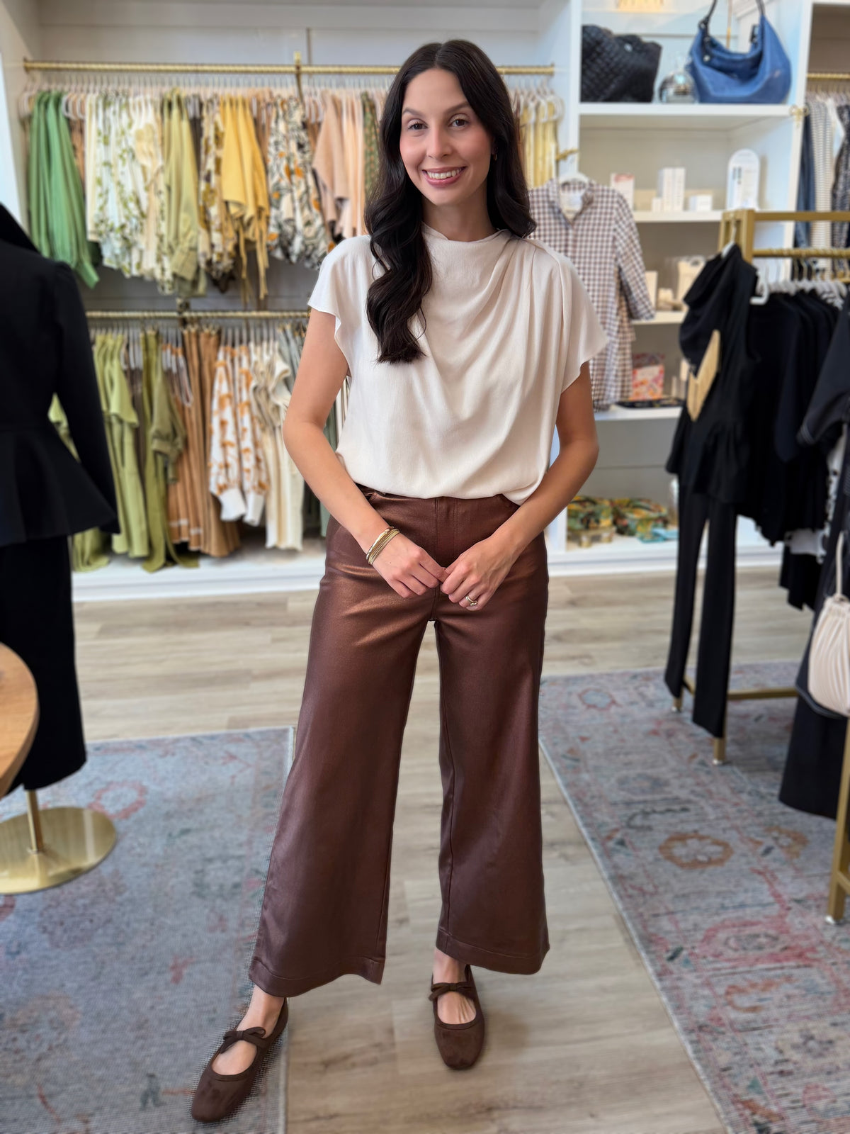 METALLIC BROWN WIDE LEG PANTS