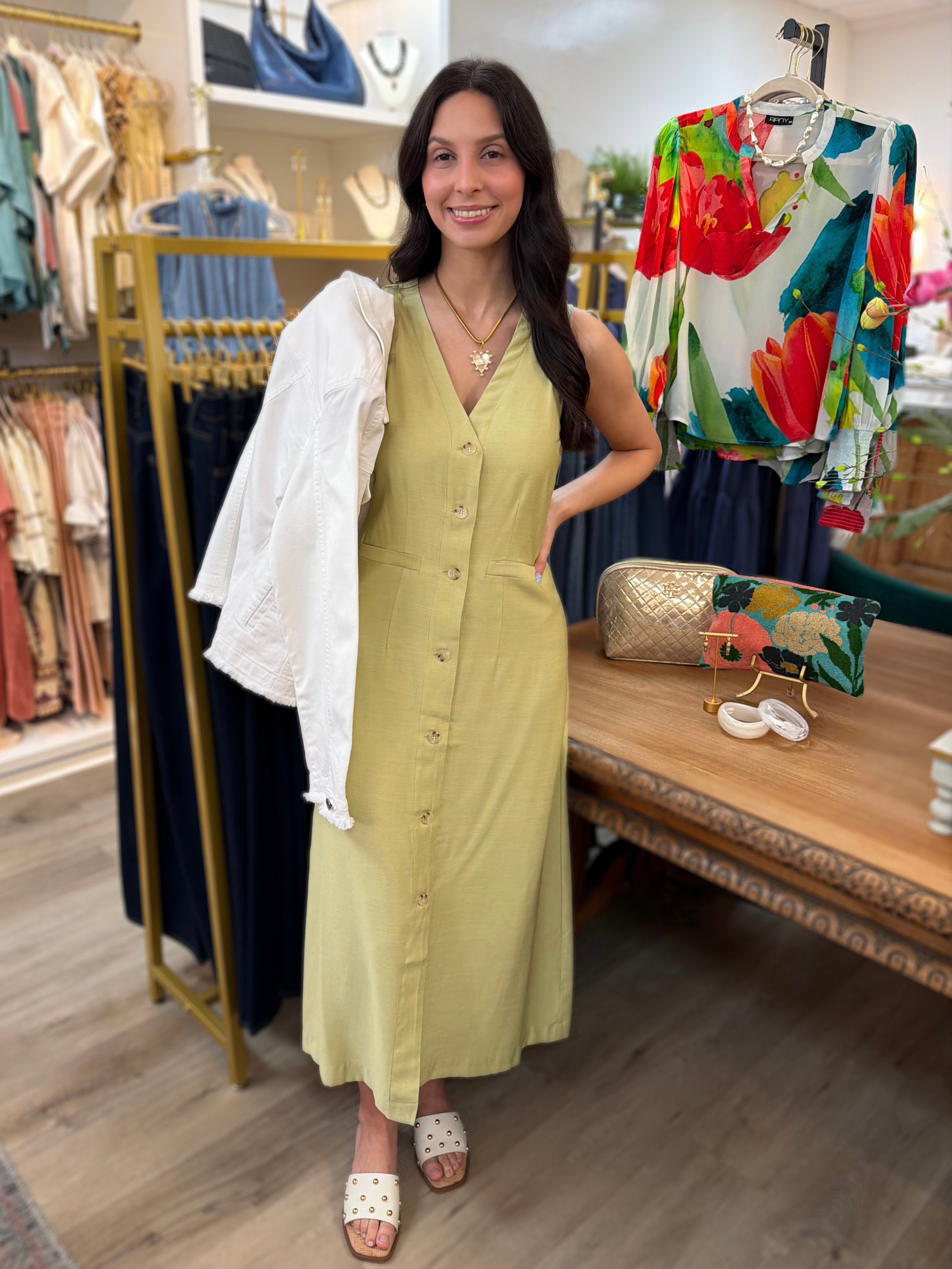 SAGE VNECK BUTTON UP SLEEVELESS MIDI DRESS