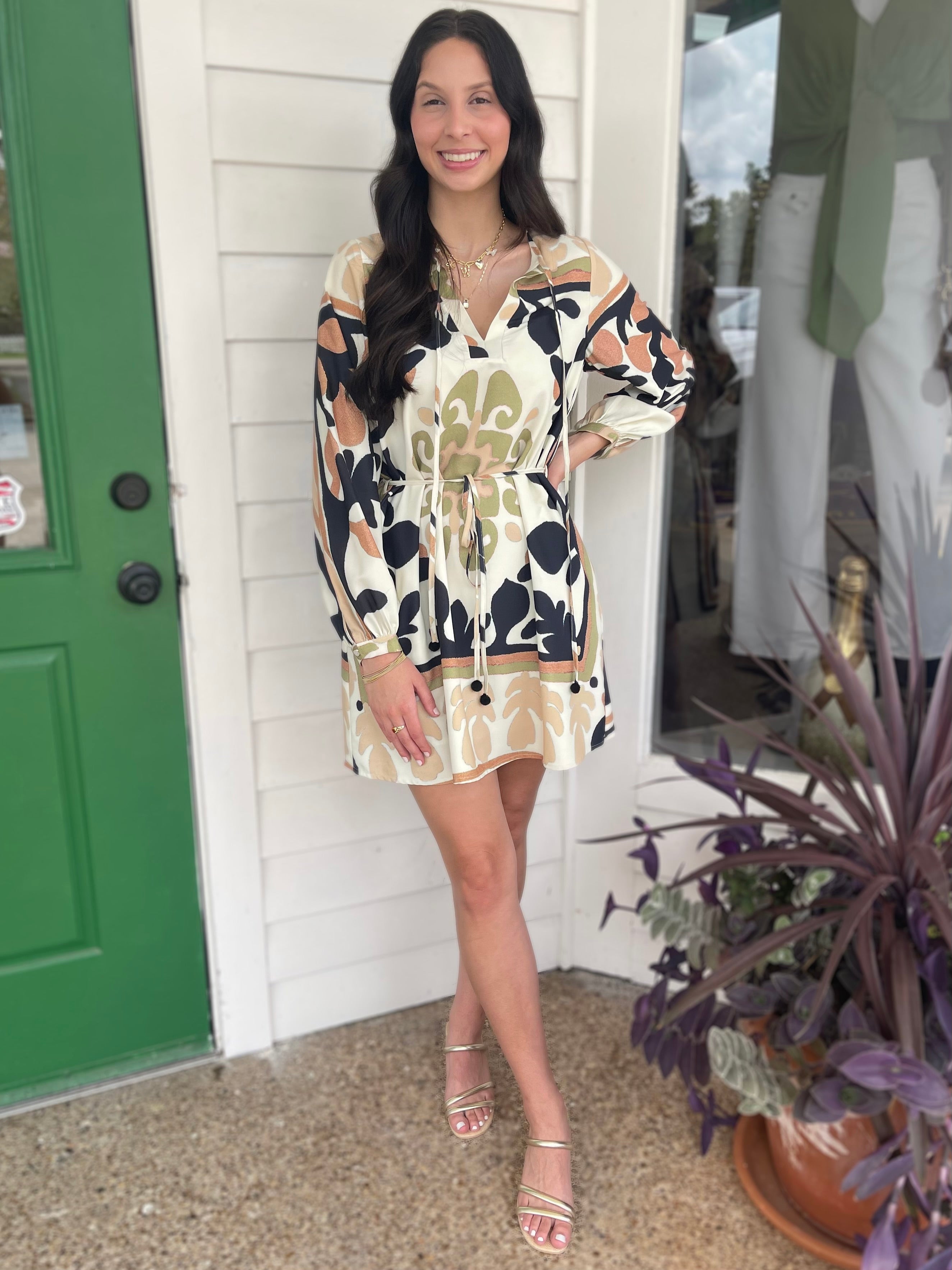 BROWN MULTI PRINTED JEINNY MINI HOUSE DRESS