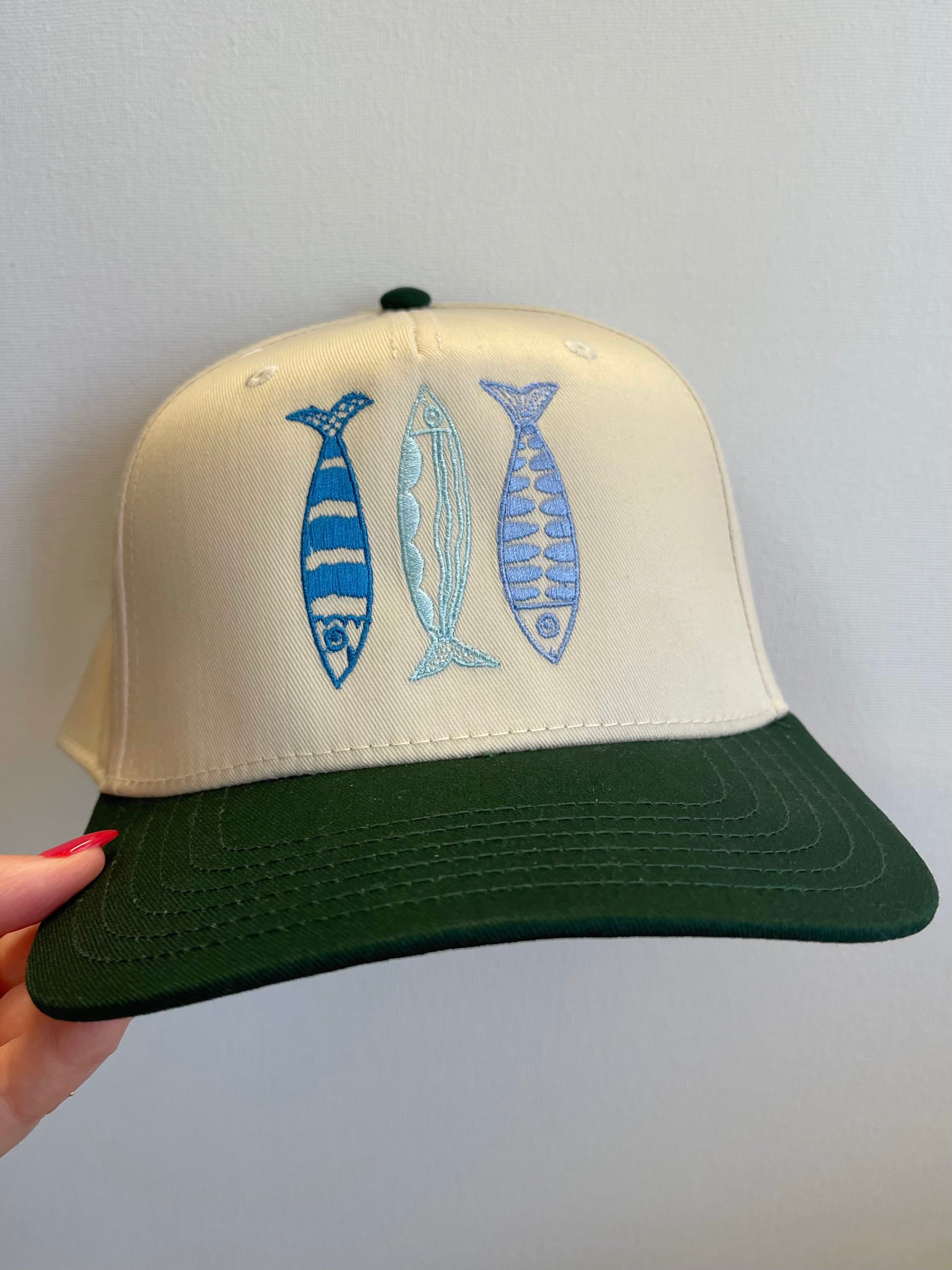 BLUE MULTI THREAD SARDINES TRUCKER HAT - GREEN & TAN CANVAS HAT