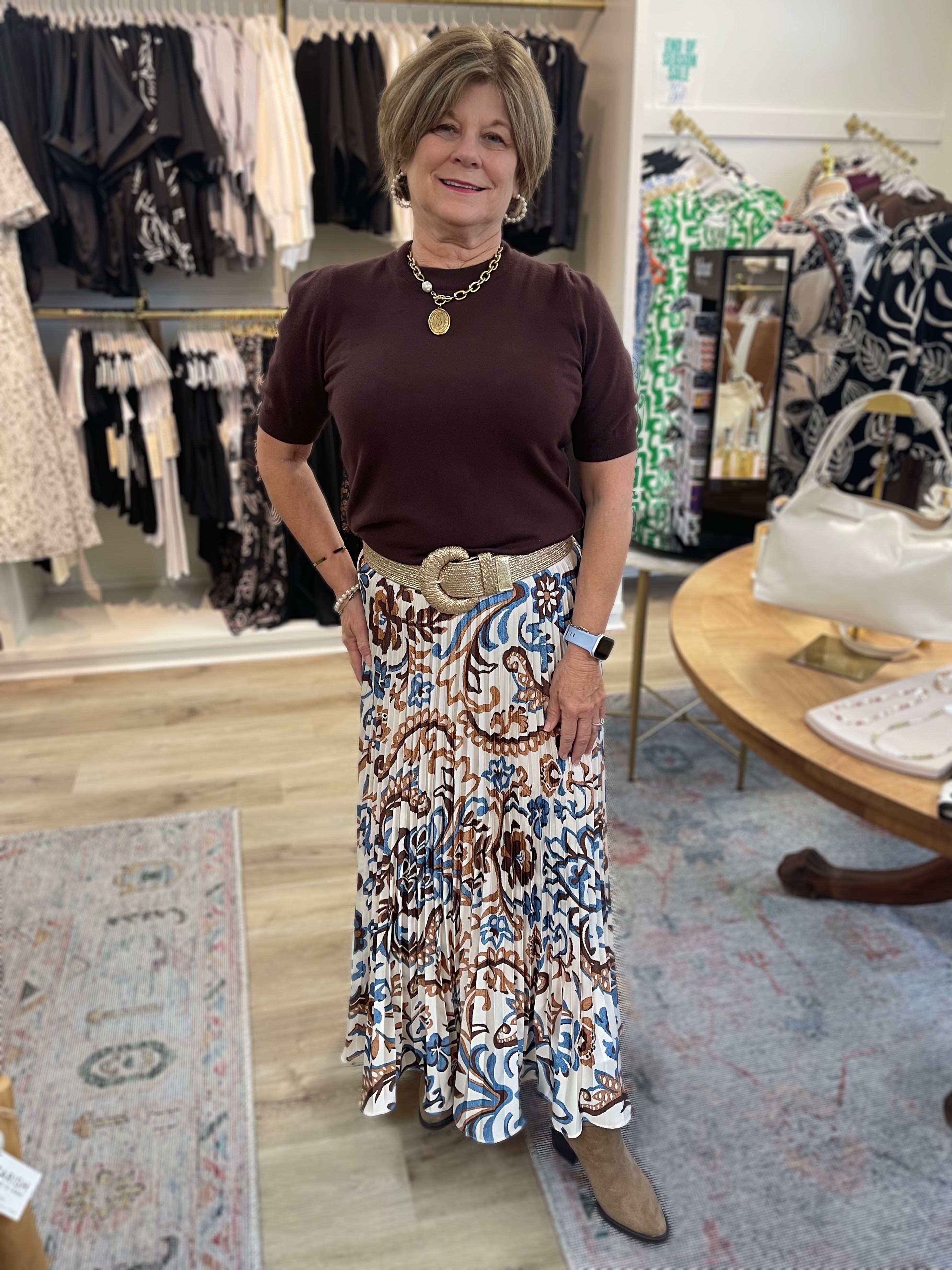 IVORY/BROWN/BLUE BOHO PRINT PLEATED MIDI SKIRT