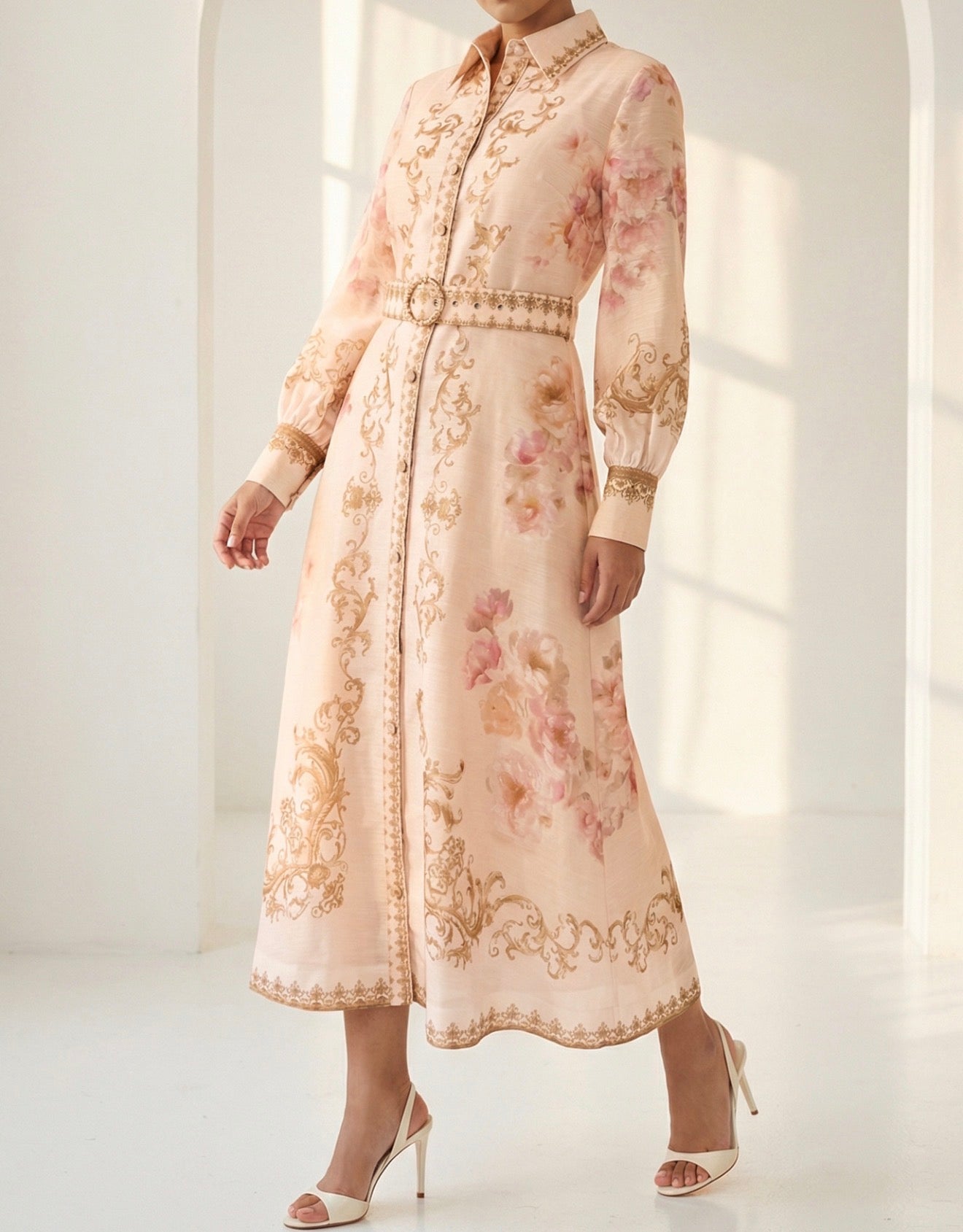 BEIGE MULTI FLORAL PRINT SHEER LONG SLEEVE BELTED BUTTON UP MAXI DRESS