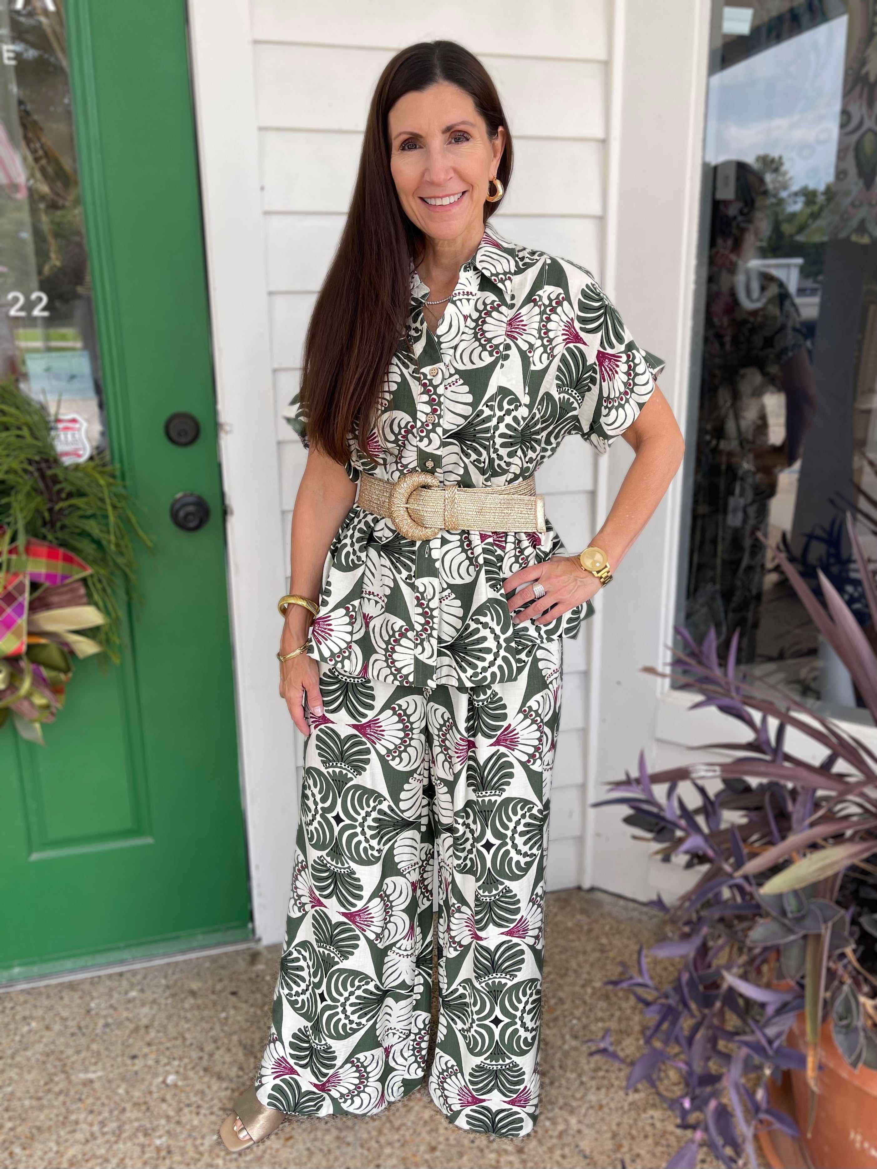 OLIVE MIX PRINTED SHORT SLEEVE BUTTON UP TOP