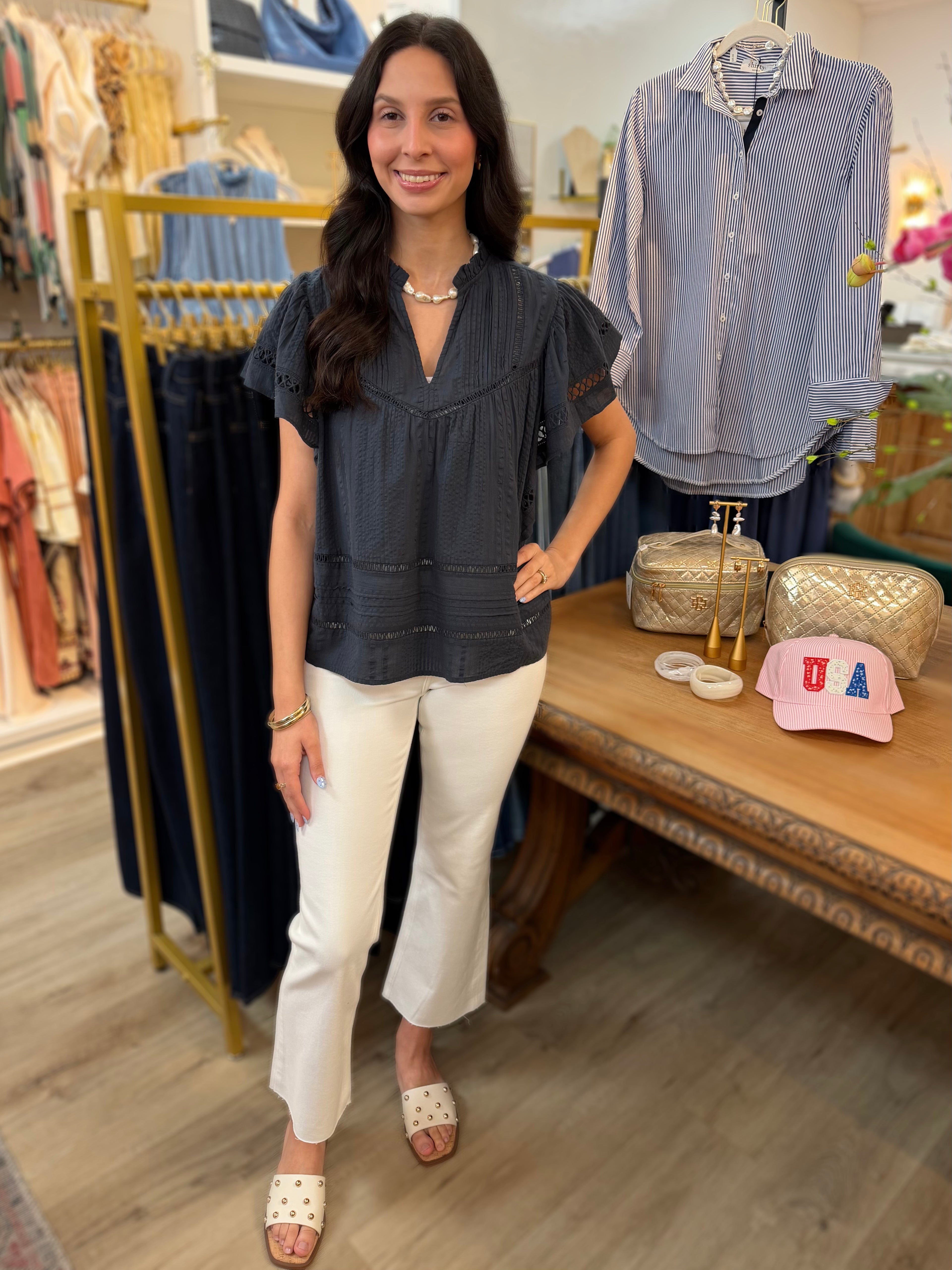 NAVY LACE DETAIL SHORT RUFFLE SLEEVE TOP