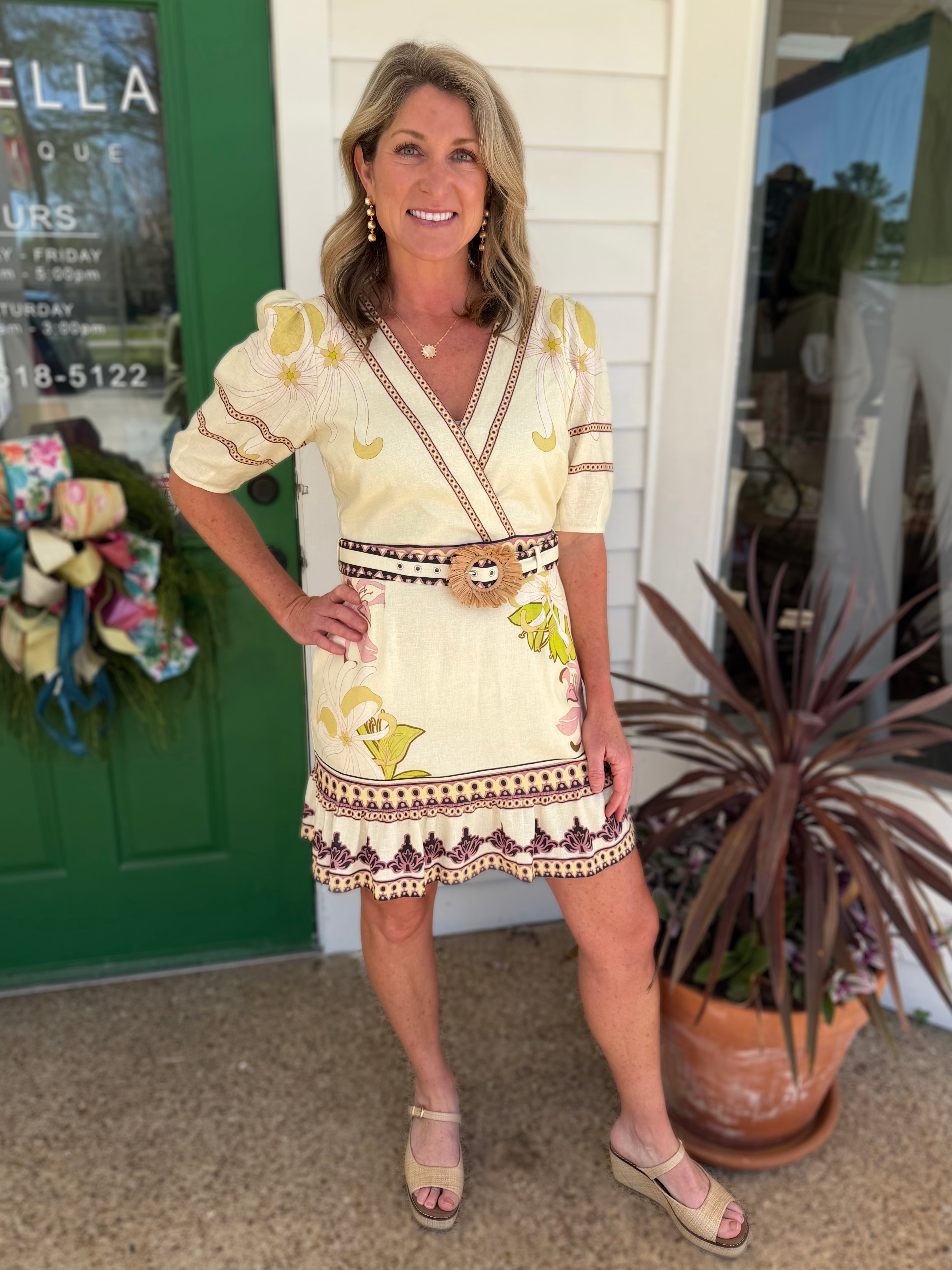 CREAM MULTI FLORAL PRINT BELTED IVY MINI DRESS