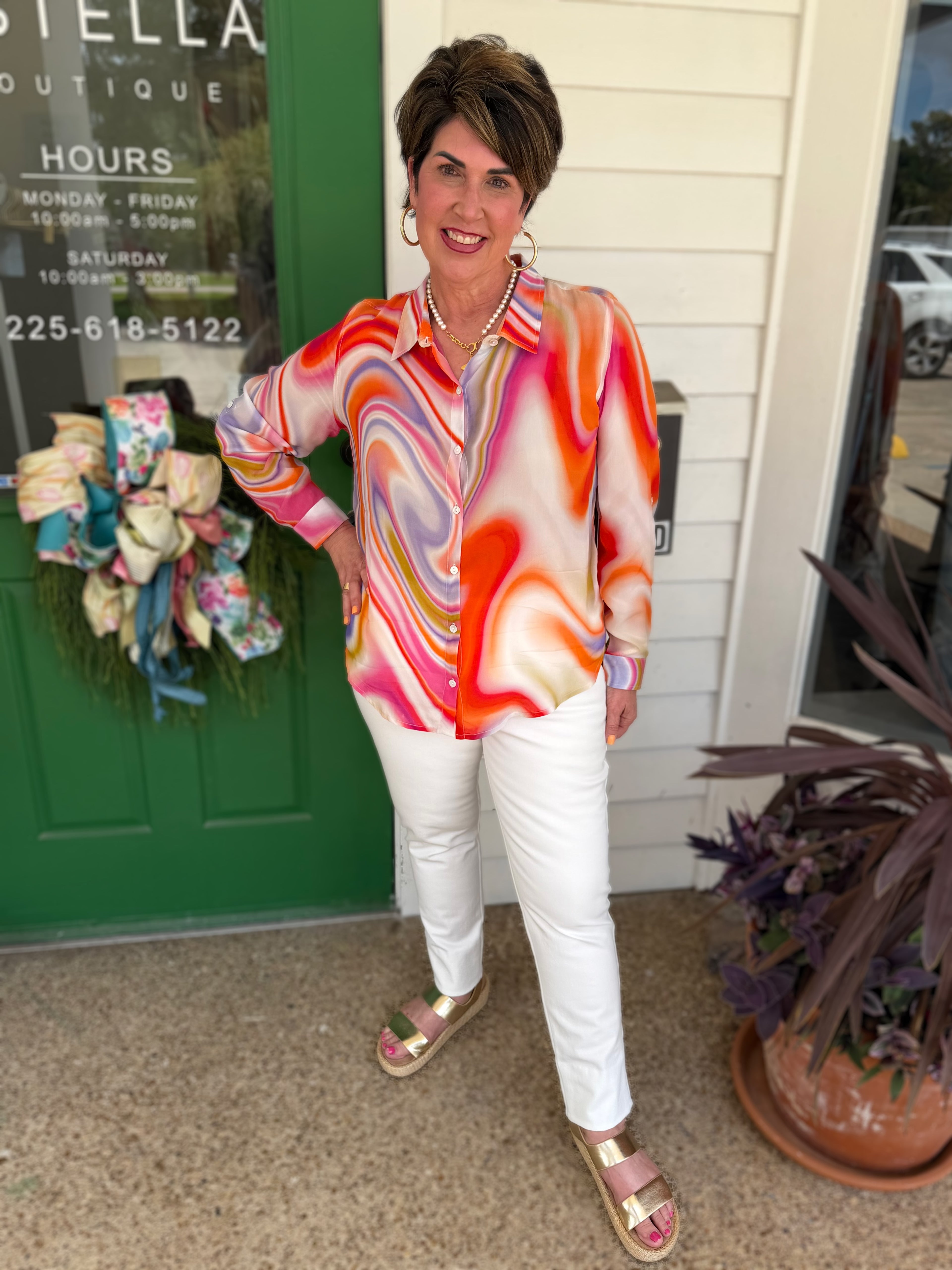 ORANGE MULTI HEATWAVE SWIRL PRINT ROLL UP SLEEVE BUTTON UP TOP