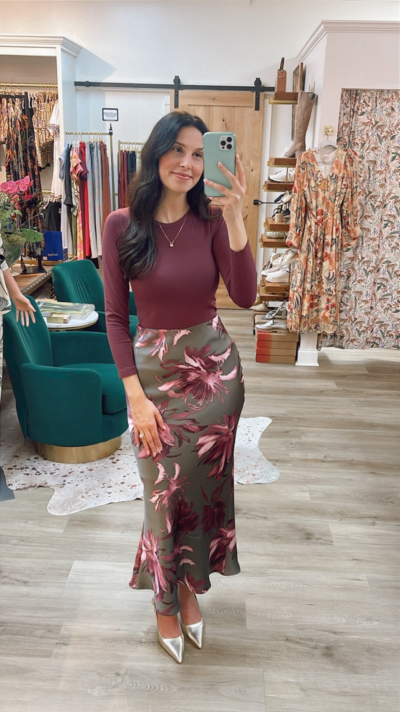 GRAY/PURPLE FLORAL PRINT MIDI SKIRT