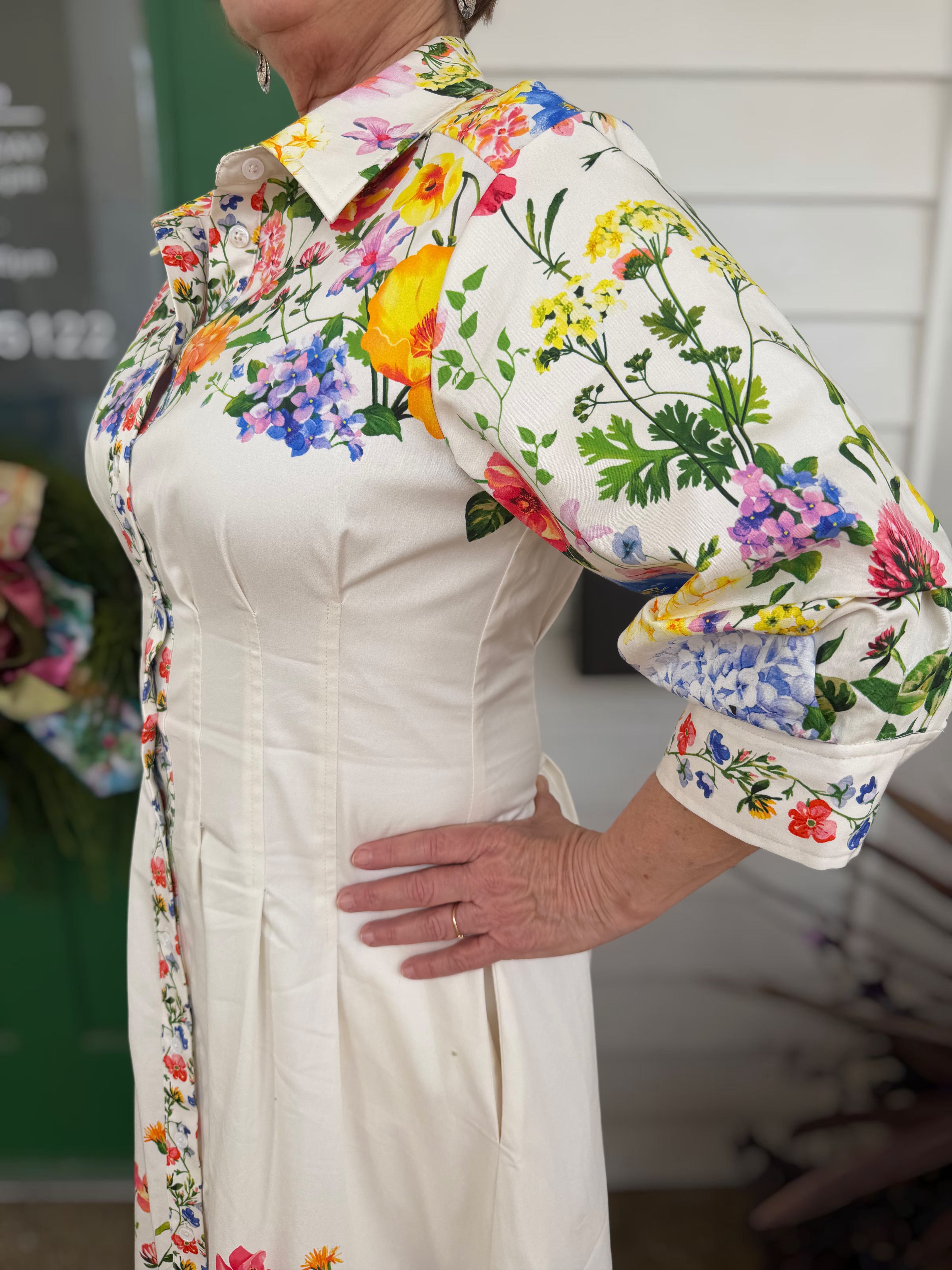CREAM MULTI FLORAL PRINT 3/4 SLEEVE BUTTON DOWN MIDI DRESS