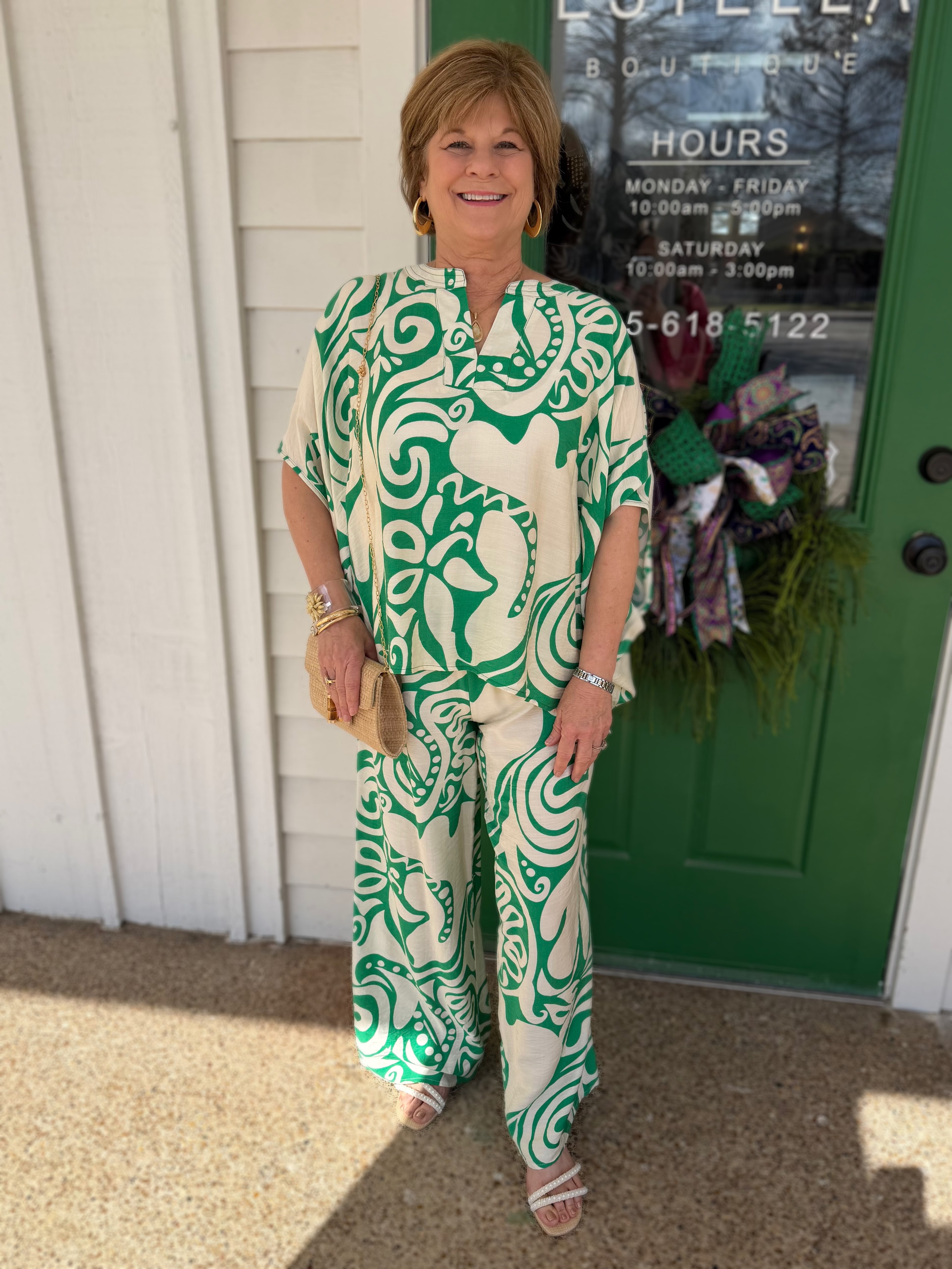 GREEN PRINTED DOLMAN SLEEVE RELAXED FIT TOP