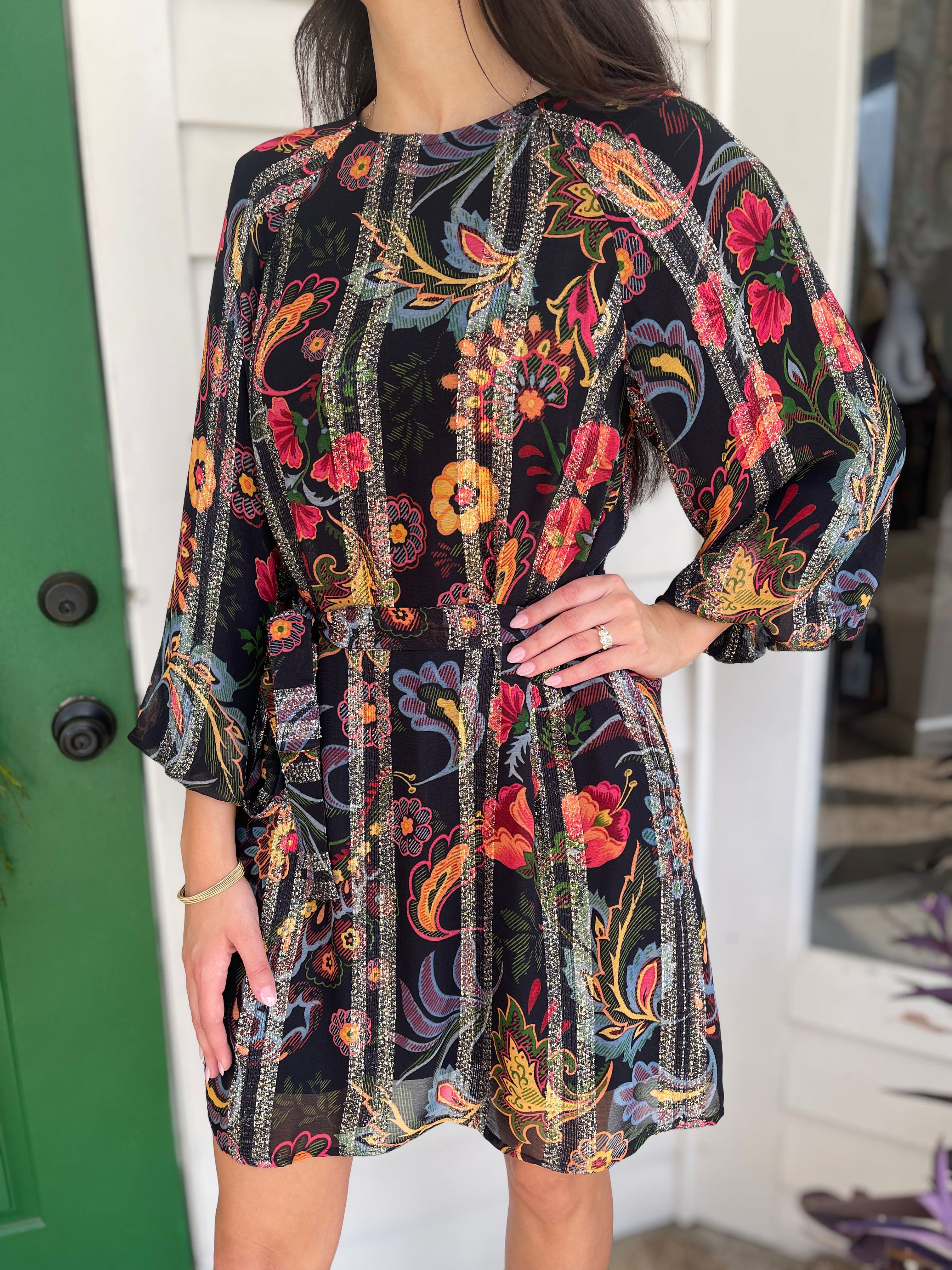 BLACK MULTI FLORAL PRINT METALLIC STRIPE LONG BUBBLE SLEEVE ODETTE MINI DRESS