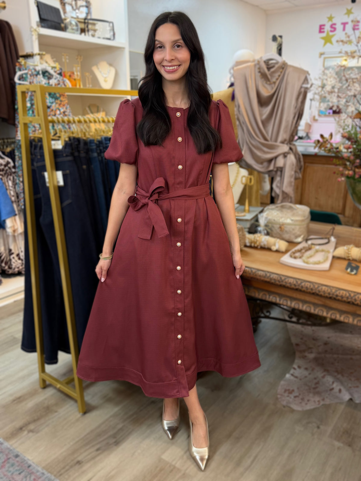 ROSE WOOD BUTTON UP BELTED BRIT MAXI DRESS