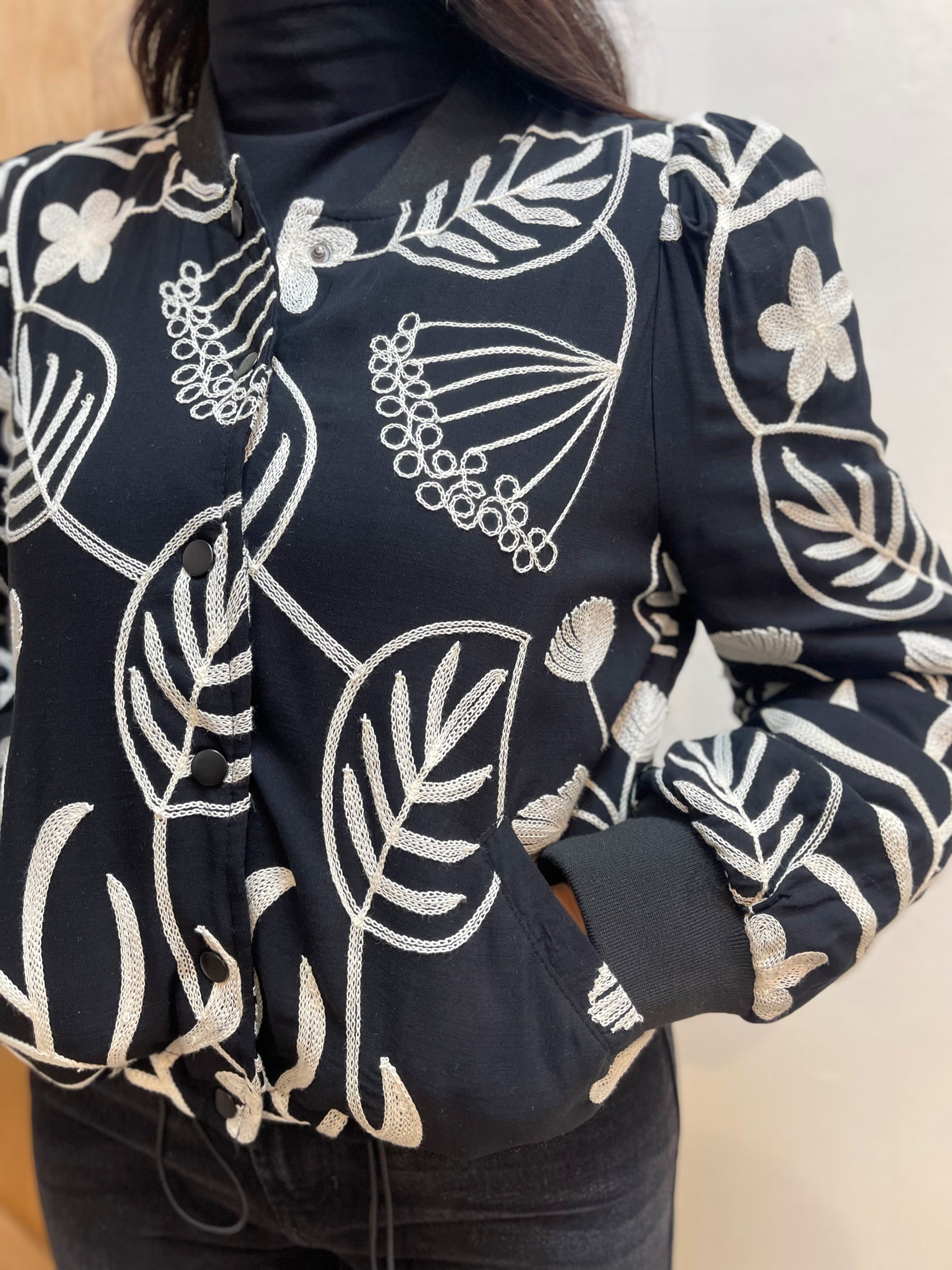 BLACK/WHITE EMBROIDERED FRONT BUTTON UP LONG SLEEVE PUFFER JACKET