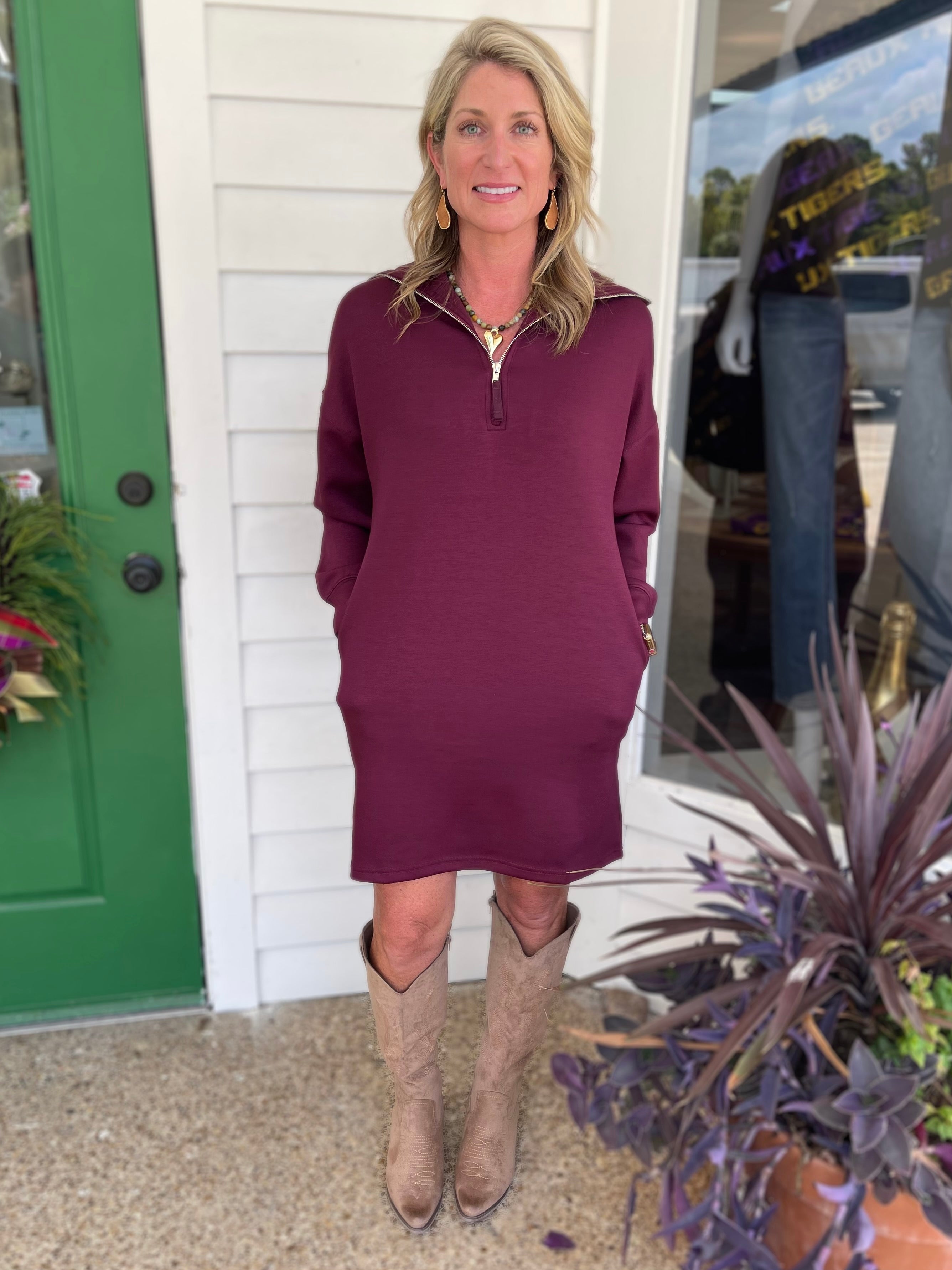 PORT WINE PCILL BUTTER MODAL QUARTER ZIP UP LONG SLEEVE MINI DRESS