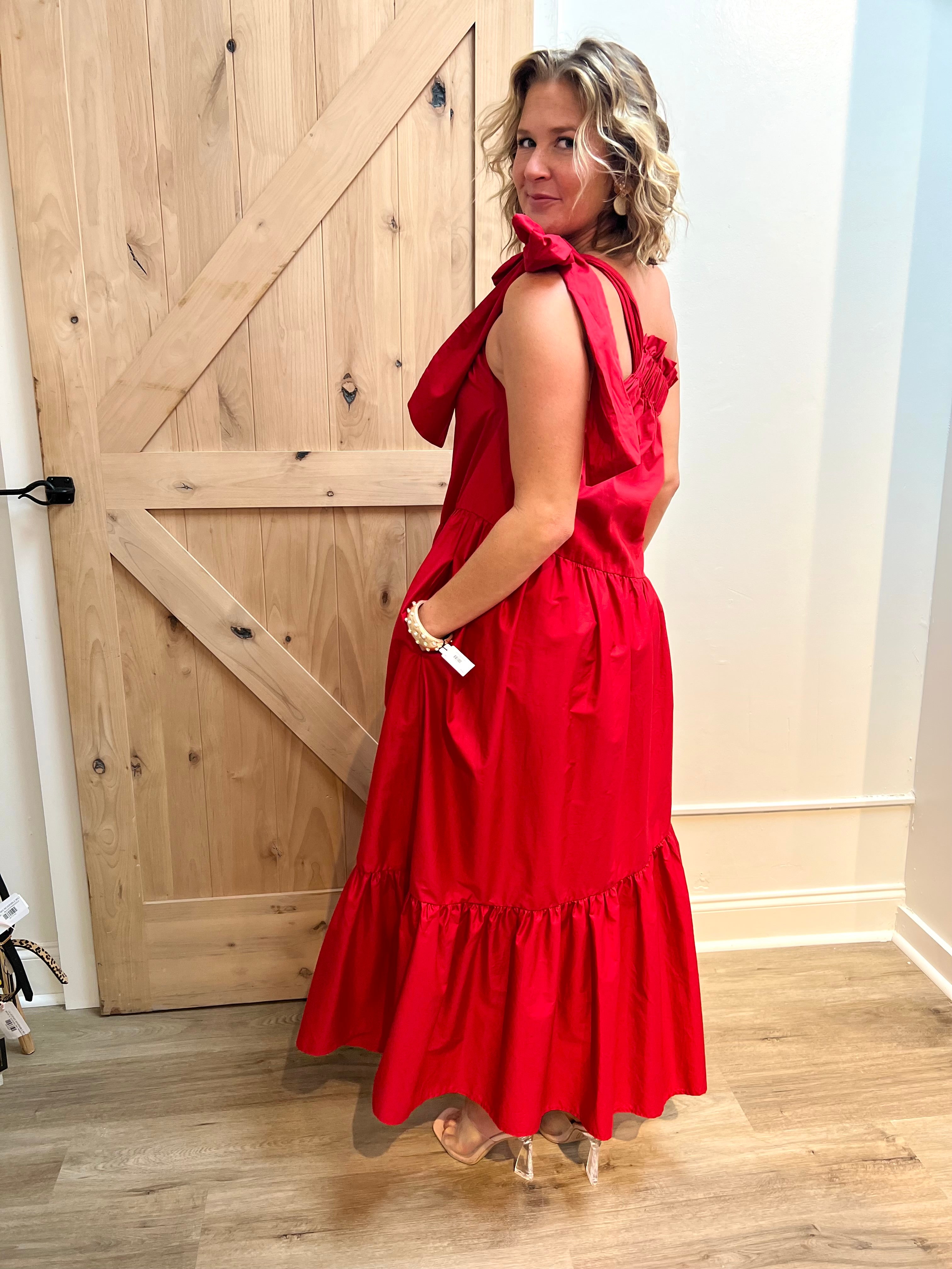 RED ONE SHOULDER RUFFLE POPLIN MAXI DRESS