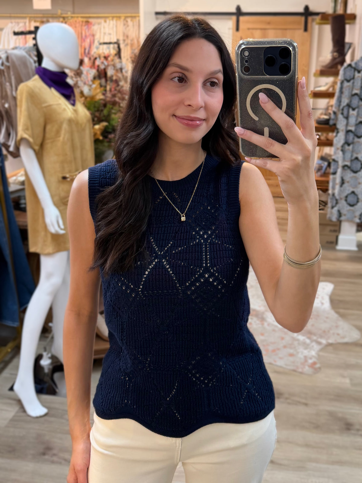 NAVY CROCHET KNIT WAVE HEM SLEEVELESS SWEATER TANK TOP