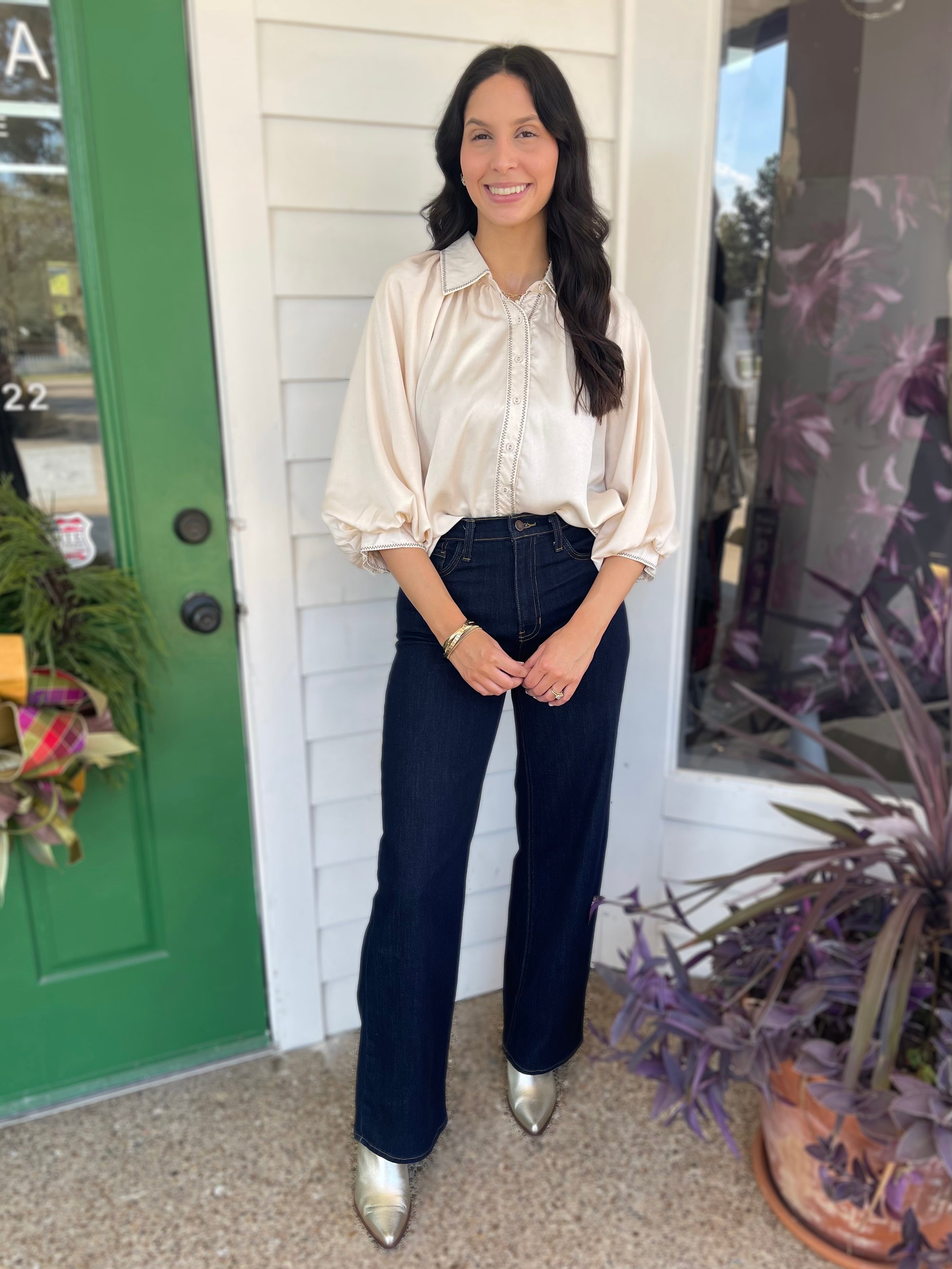 CREAM SATIN CONTRAST STITCH BALLOON SLEEVE BUTTON DOWN BLOUSE