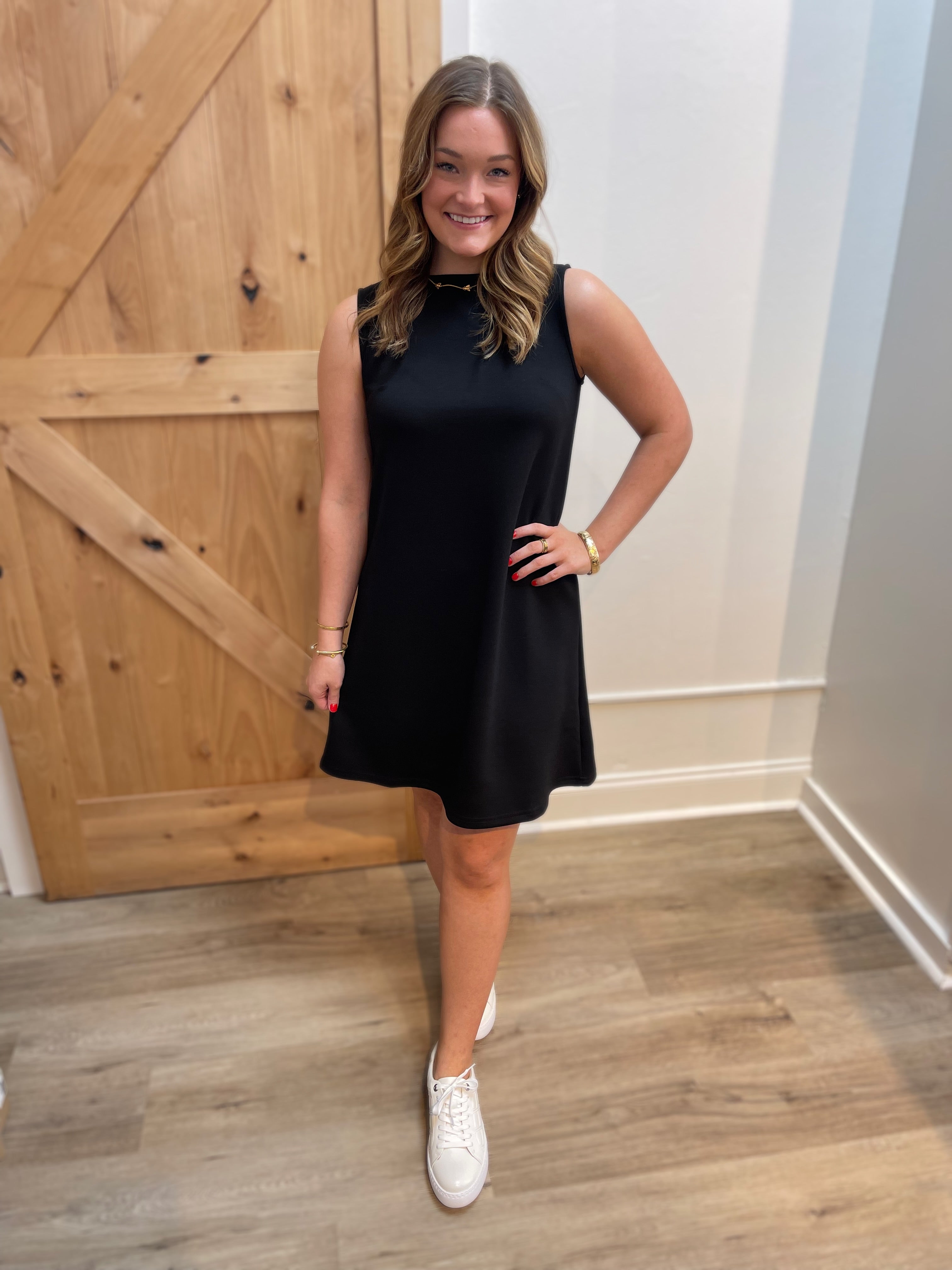 BLACK PCILL BUTTER MODAL SLEEVELESS SHIFT DRESS