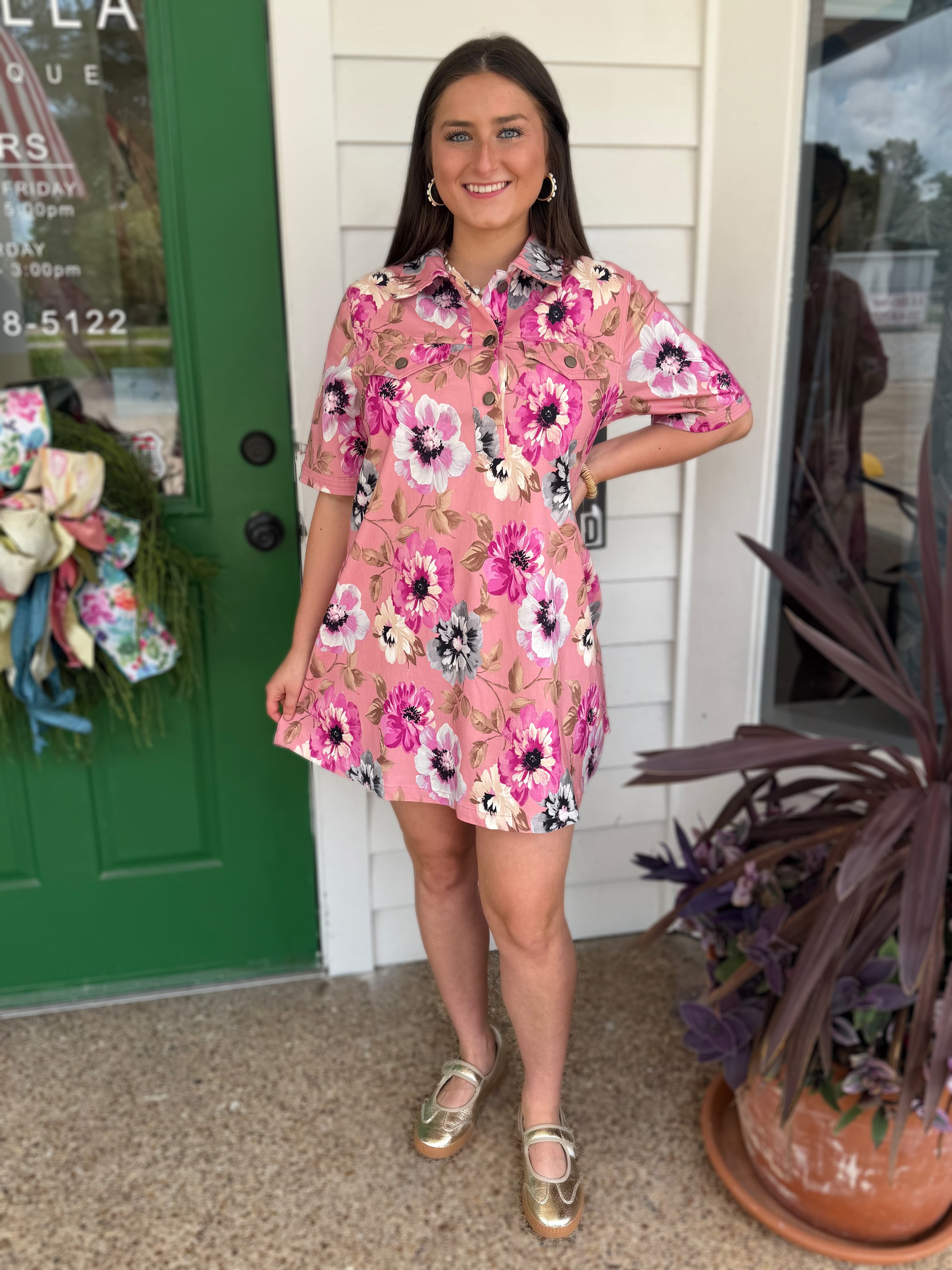 PINK MULTI FLORAL PRINT COLLARED A-LINE SHIRT MINI DRESS