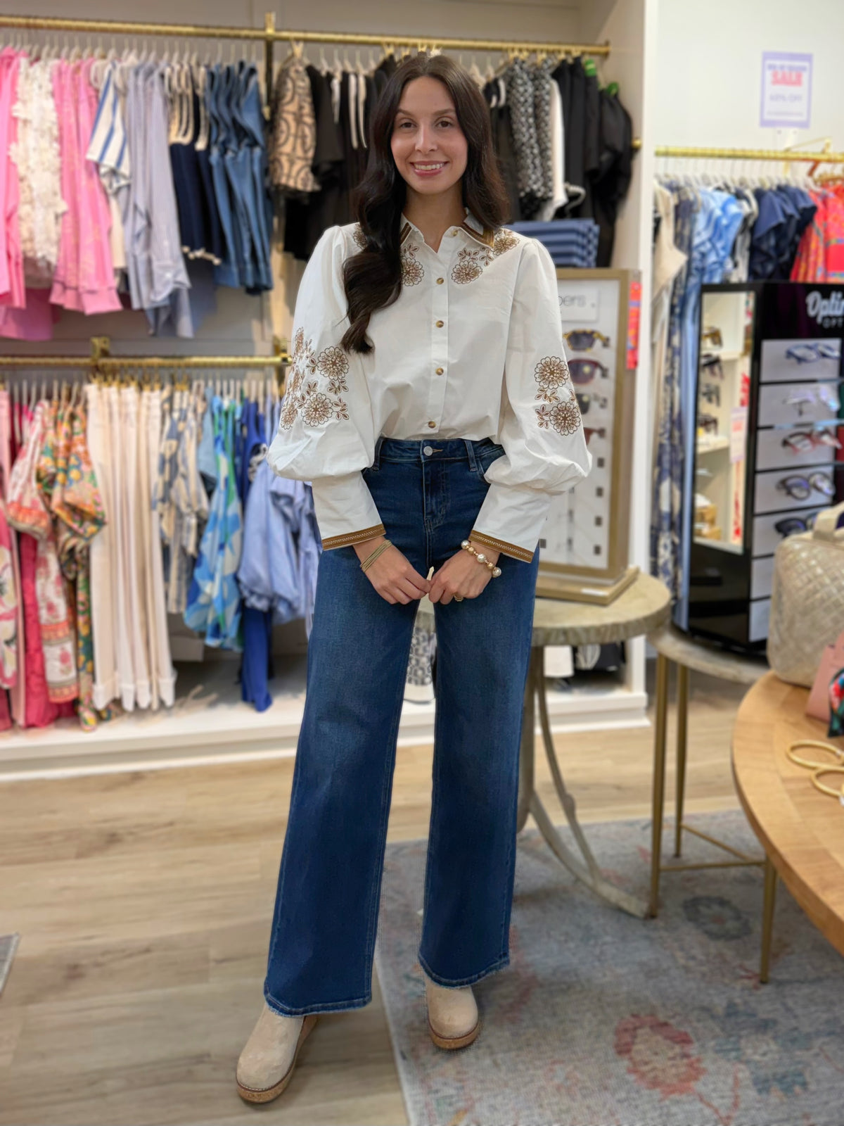 WHITE & BROWN FLORAL EMBROIDERY LONG PUFF SLEEVE BUTTON UP TOP