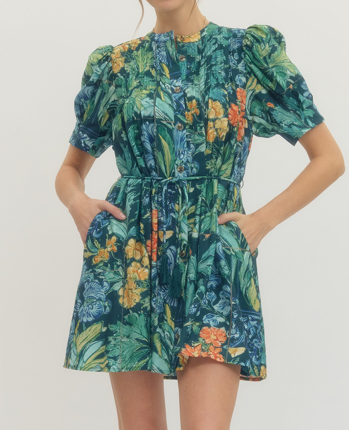 NAVY FLORAL PRINT BUTTON UP SHORT SLEEVE WAIST TASSLE TIE MINI DRESS
