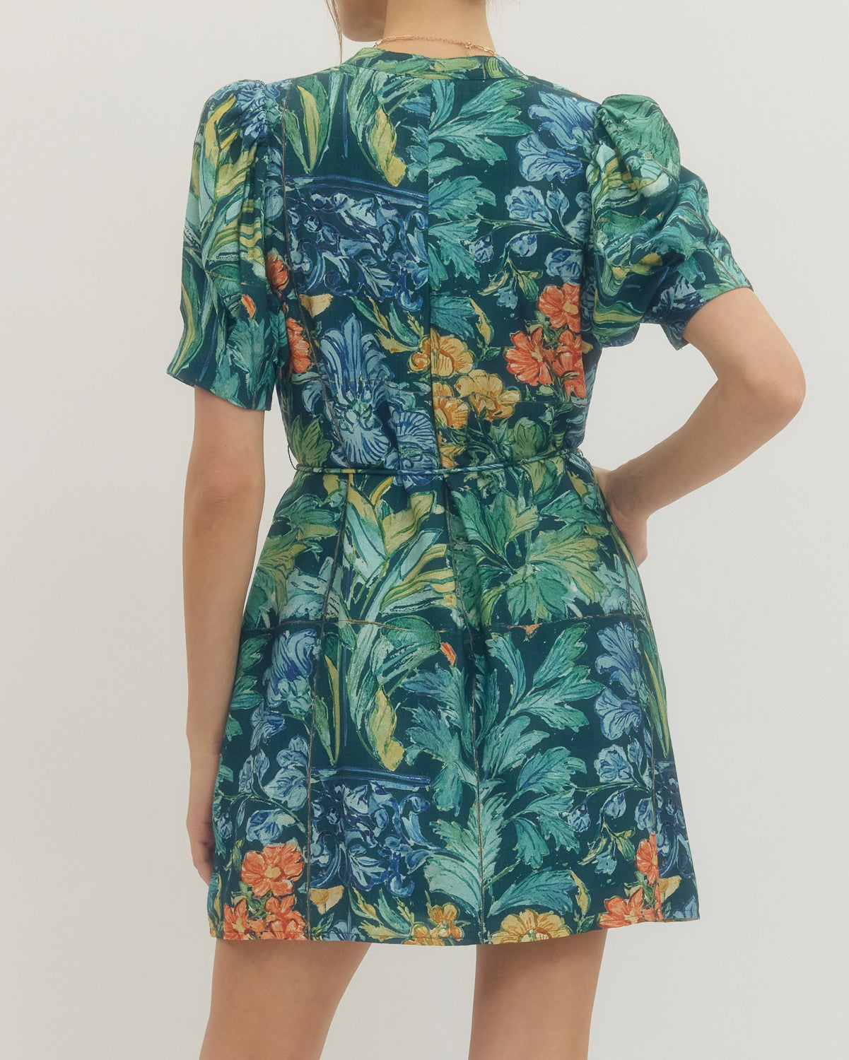 NAVY FLORAL PRINT BUTTON UP SHORT SLEEVE WAIST TASSLE TIE MINI DRESS
