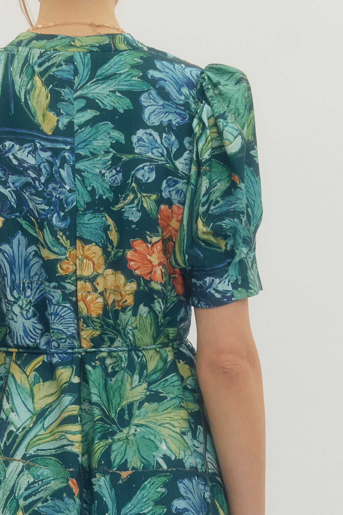 NAVY FLORAL PRINT BUTTON UP SHORT SLEEVE WAIST TASSLE TIE MINI DRESS