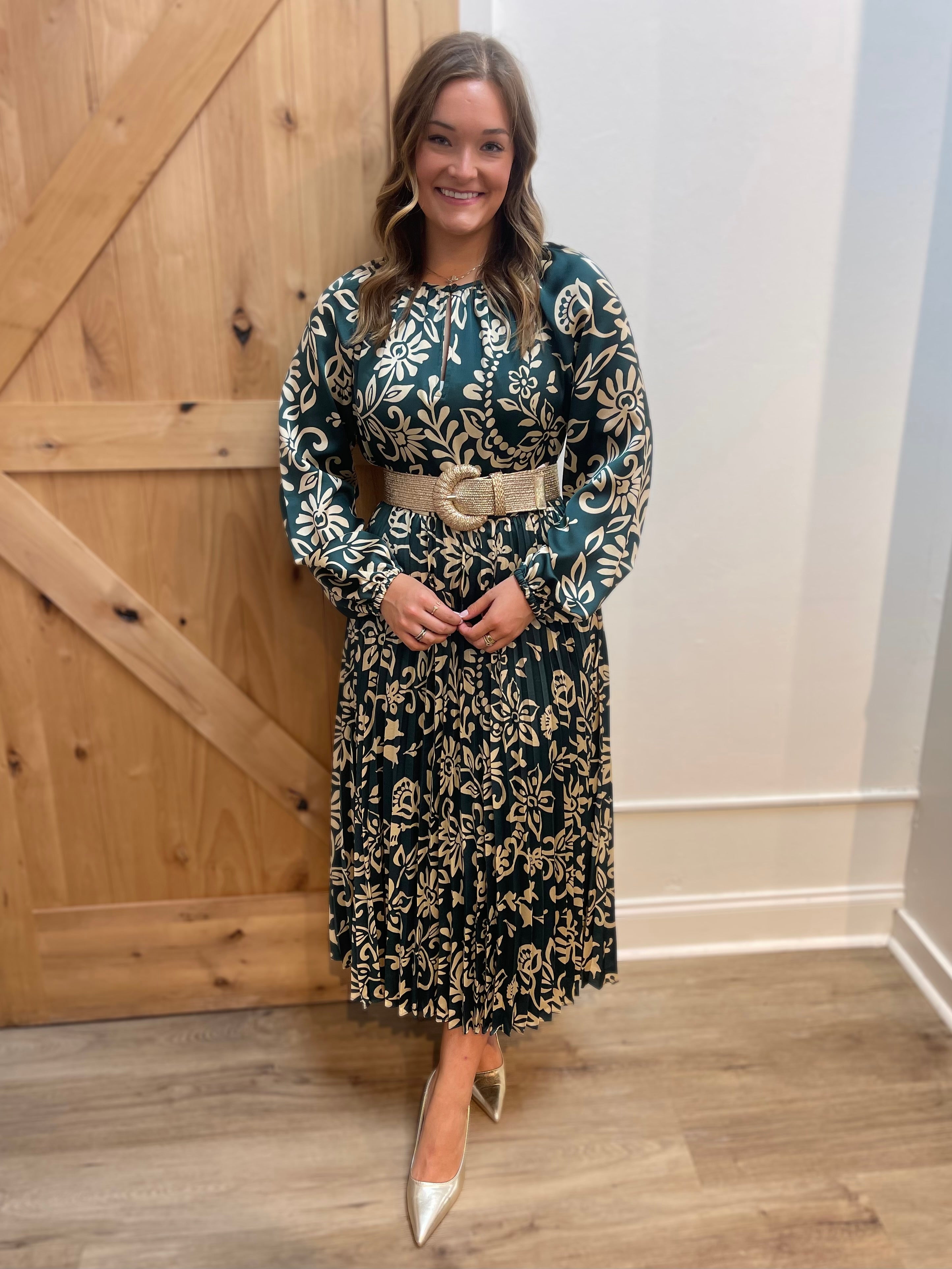 TEAL ABSTRACT FLORAL PRINT PLEATED MIDI DRESS