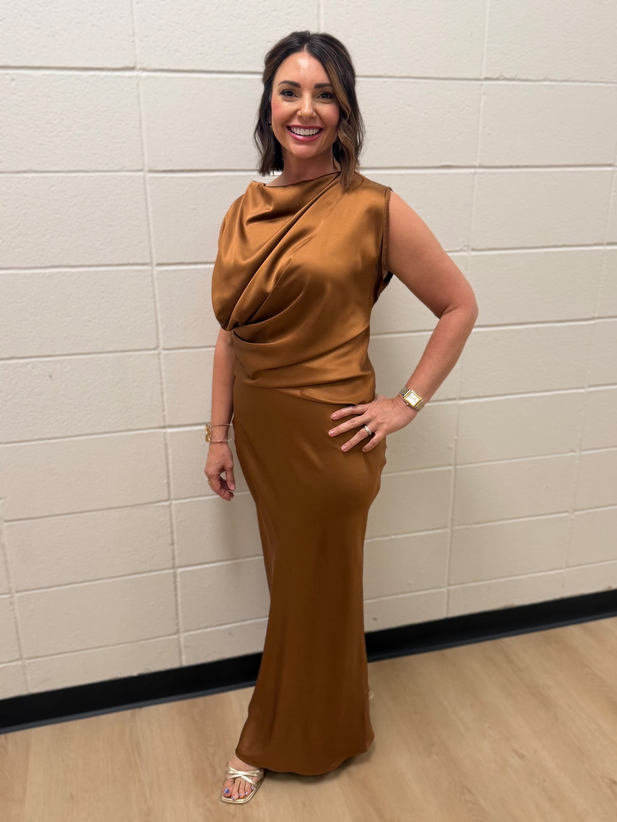COPPER BROWN SATIN HIGH NECK DRAPED MAXI DRESS