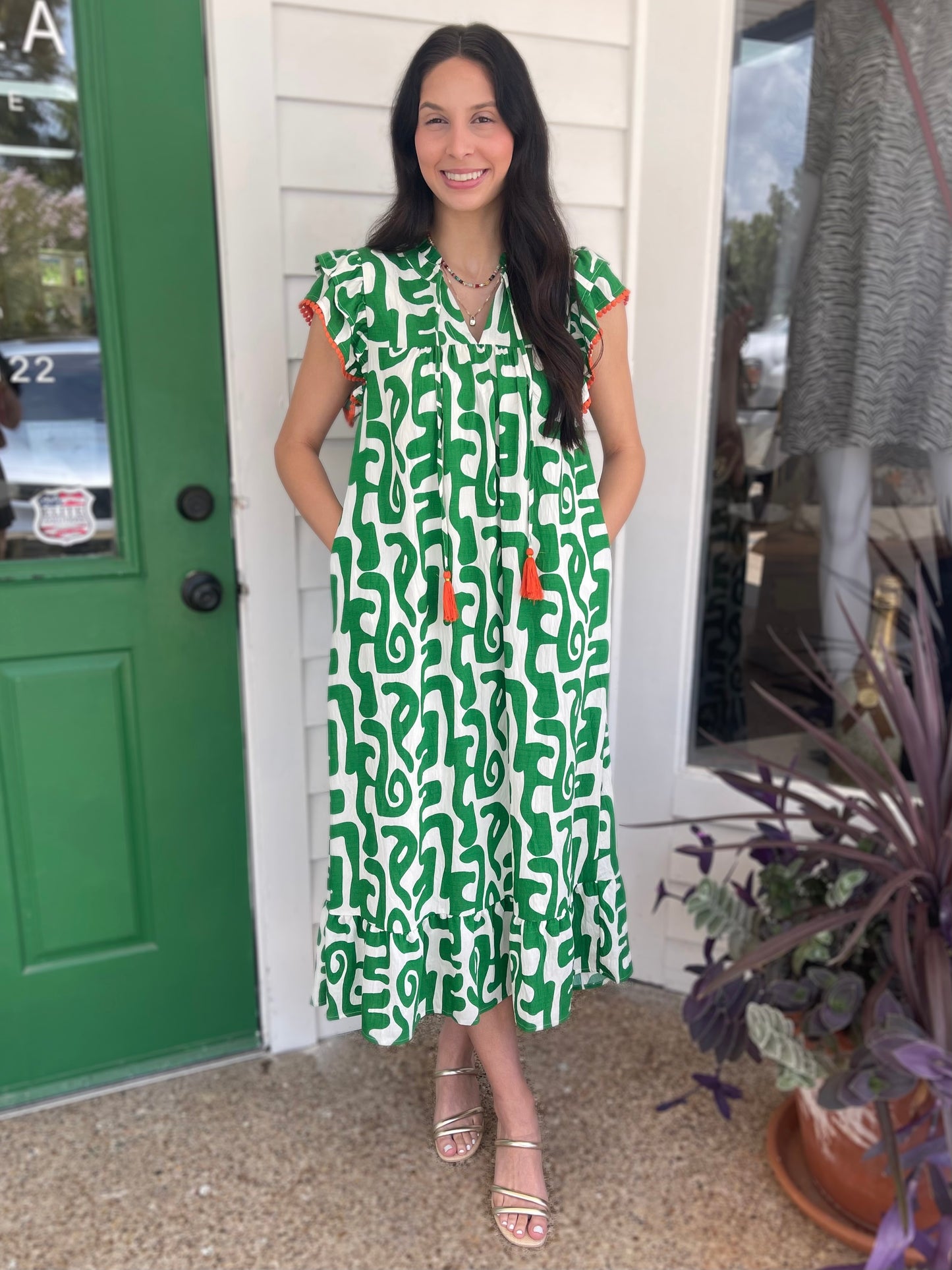 GREEN PRINTED TASSEL TIE FLUTTER SLEEVE MAXI DRESS