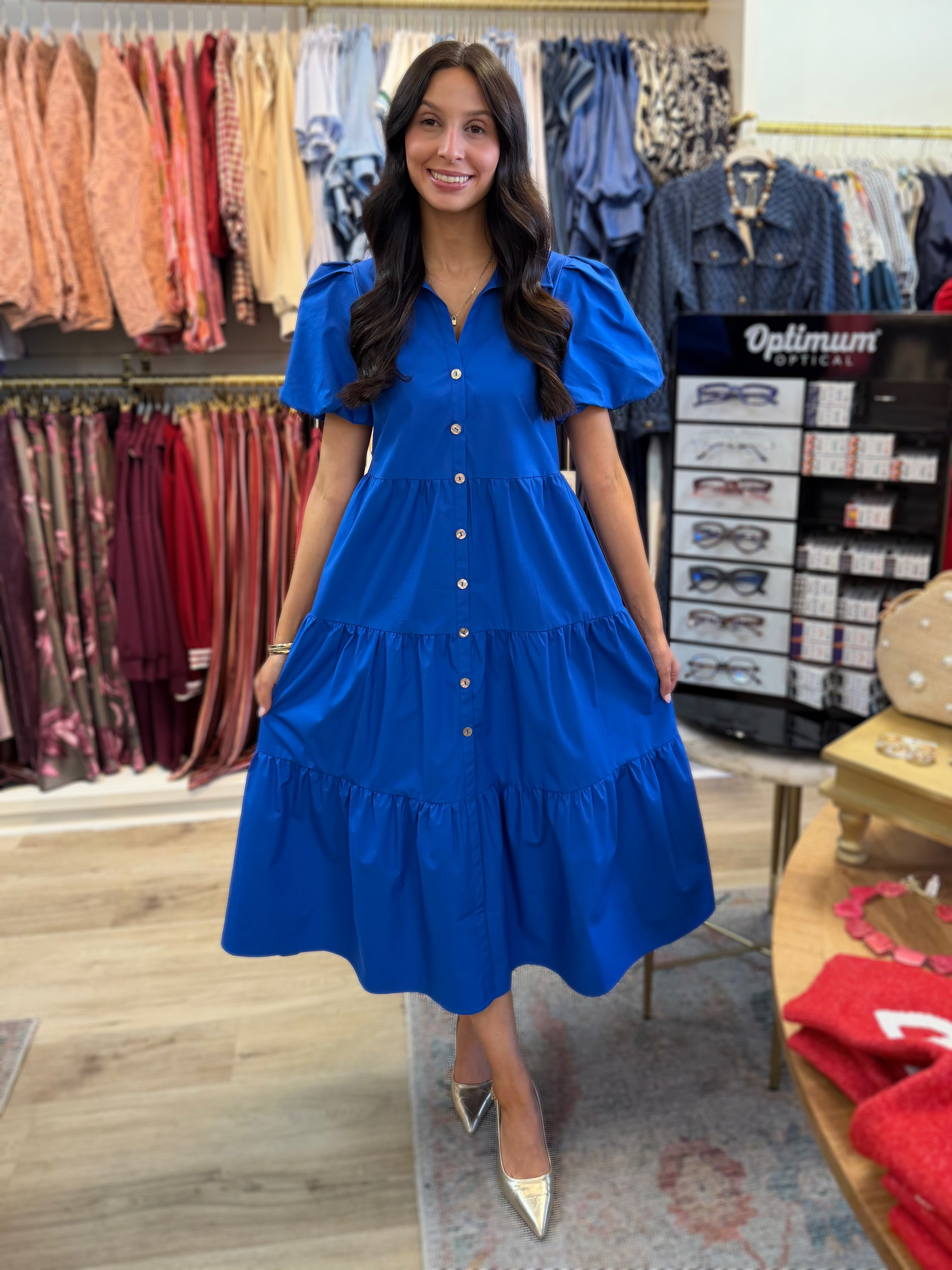 DAZZLING BLUE SHORT PUFF SLEEVE TIERED MAXI DRESS