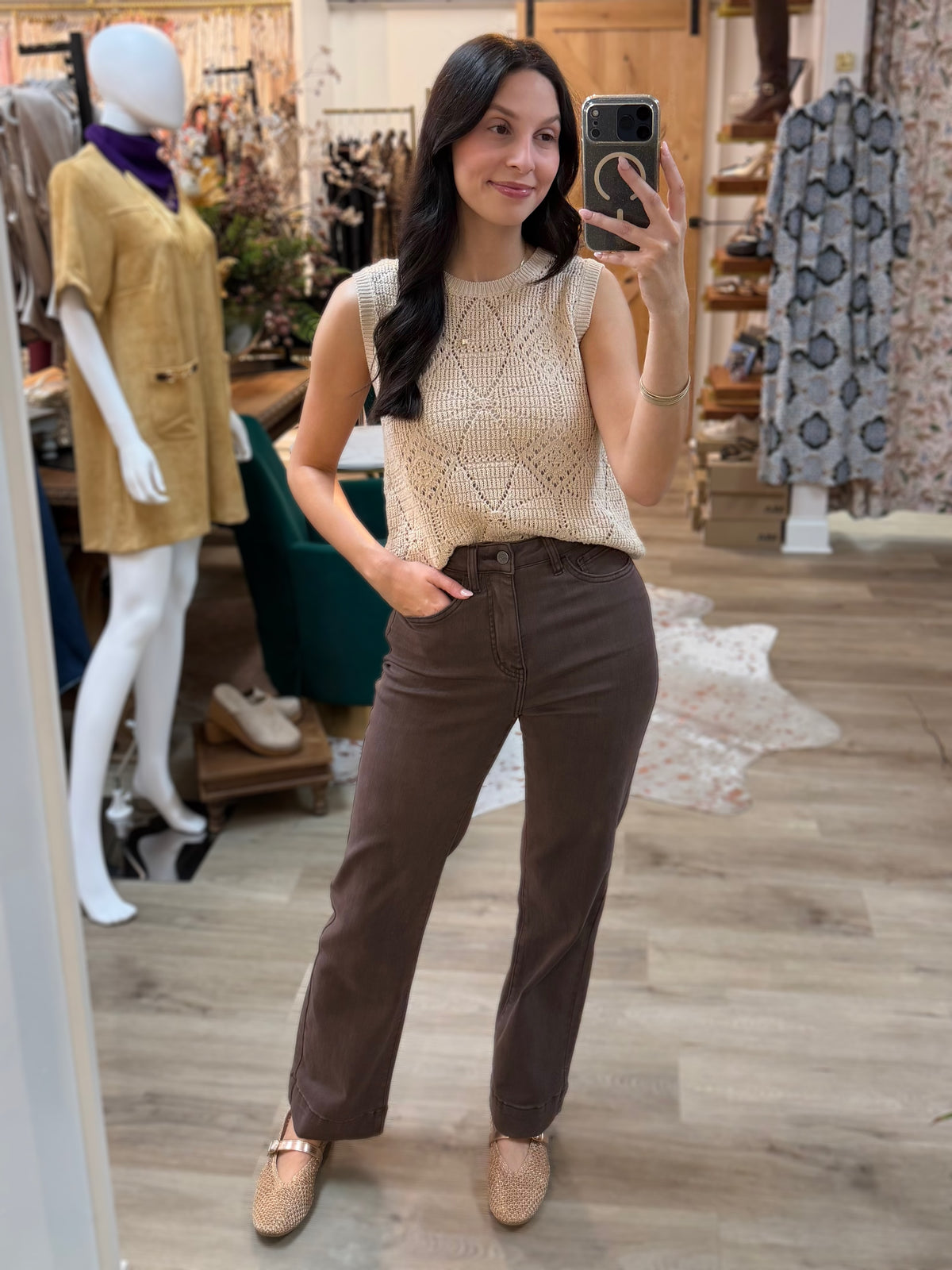 NATURAL CROCHET KNIT WAVE HEM SLEEVELESS SWEATER TANK TOP