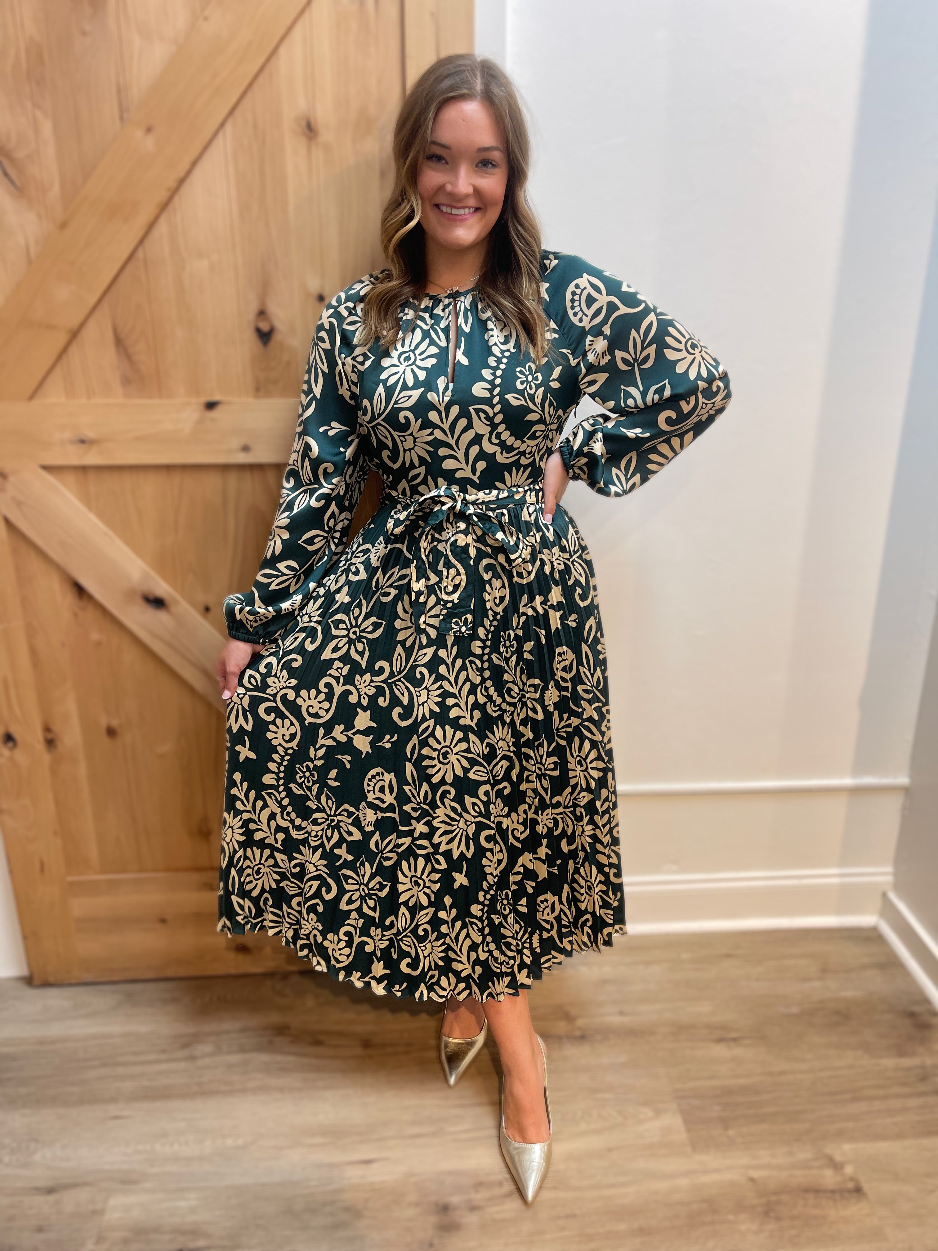 TEAL ABSTRACT FLORAL PRINT PLEATED MIDI DRESS