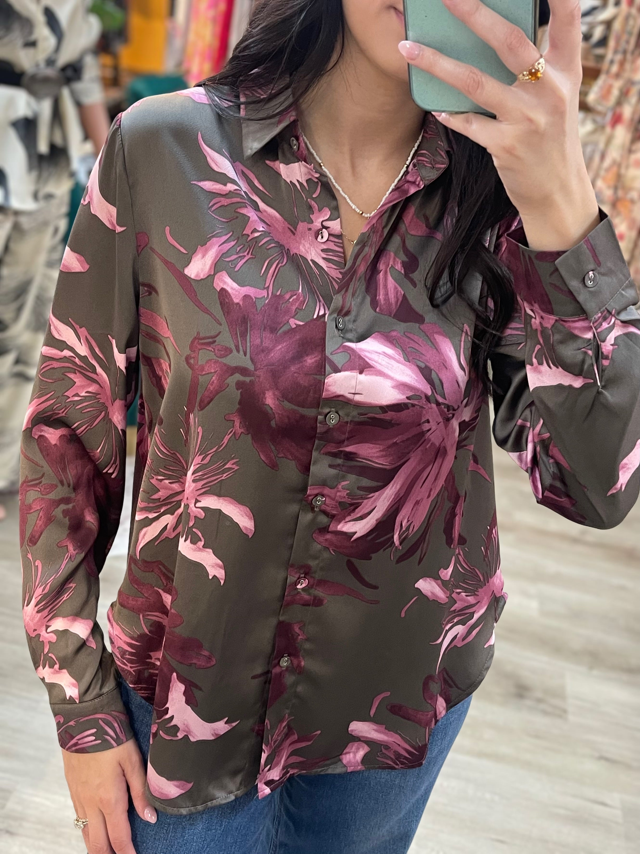 GRAY/PURPLE FLORAL PRINT LONG SLEEVE BUTTON UP TOP