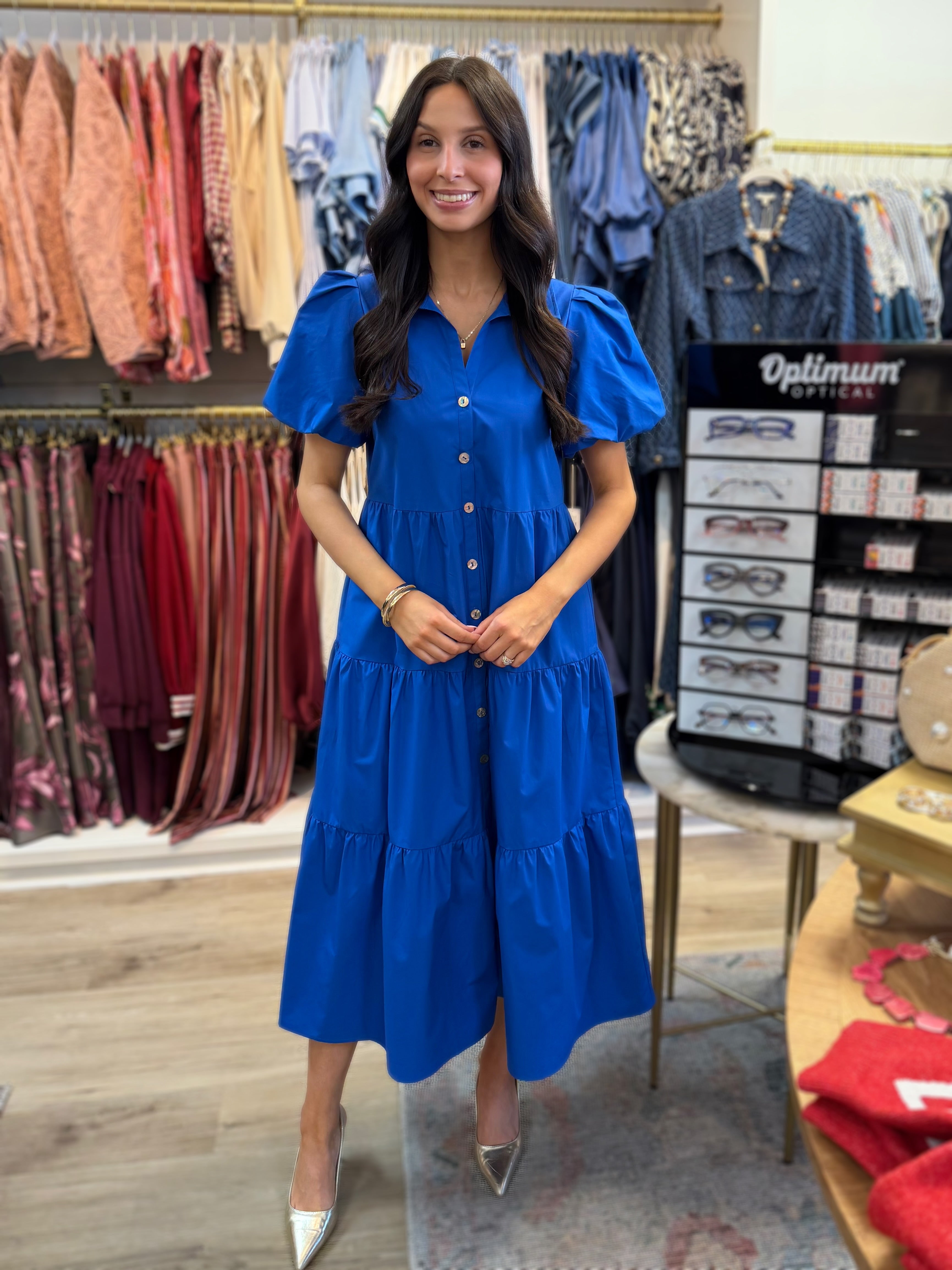 DAZZLING BLUE SHORT PUFF SLEEVE TIERED MAXI DRESS