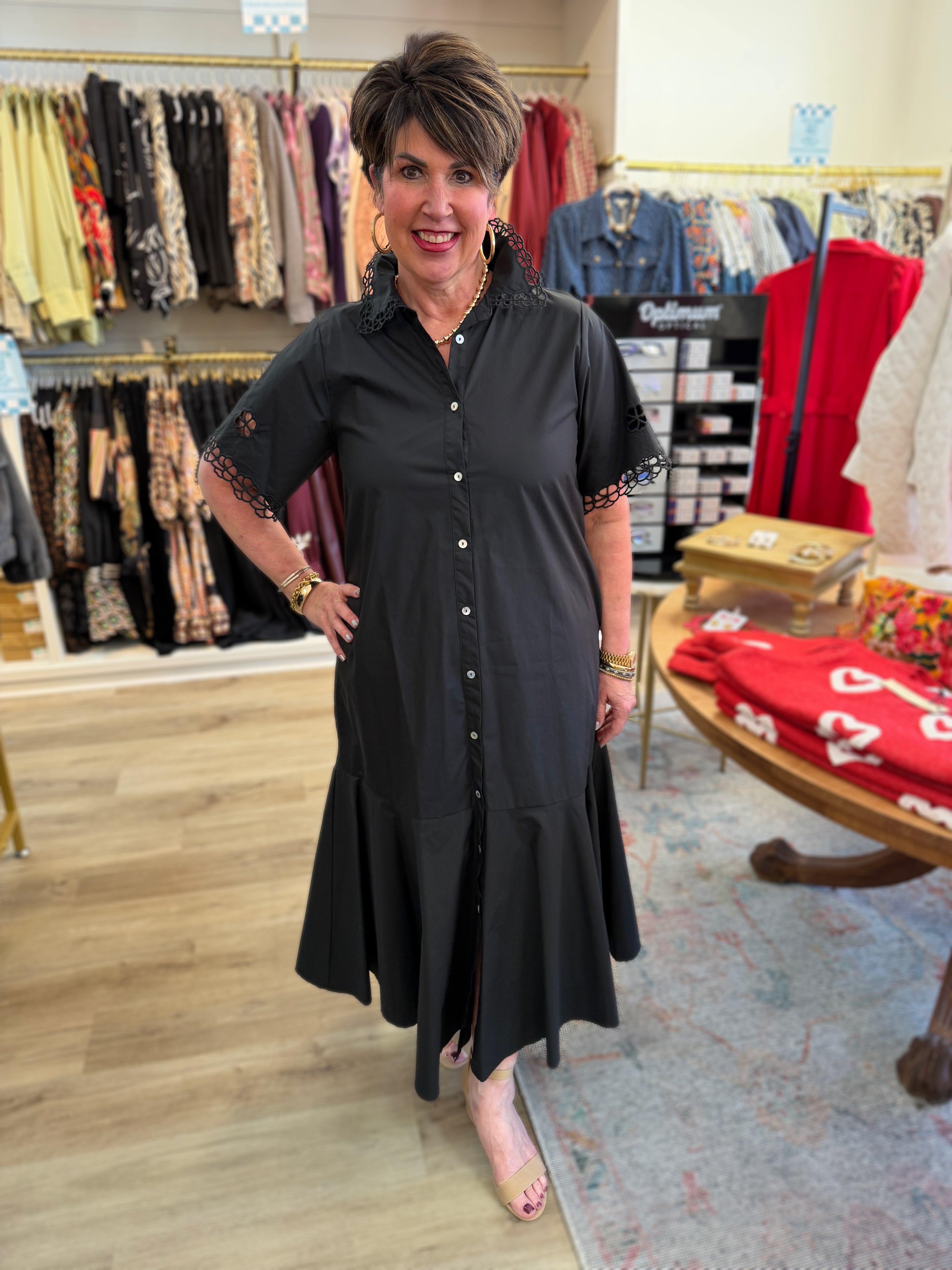 BLACK EYELET DETAIL SHORT SLEEVE BUTTON UP FLAIR HEM MIDI DRESS