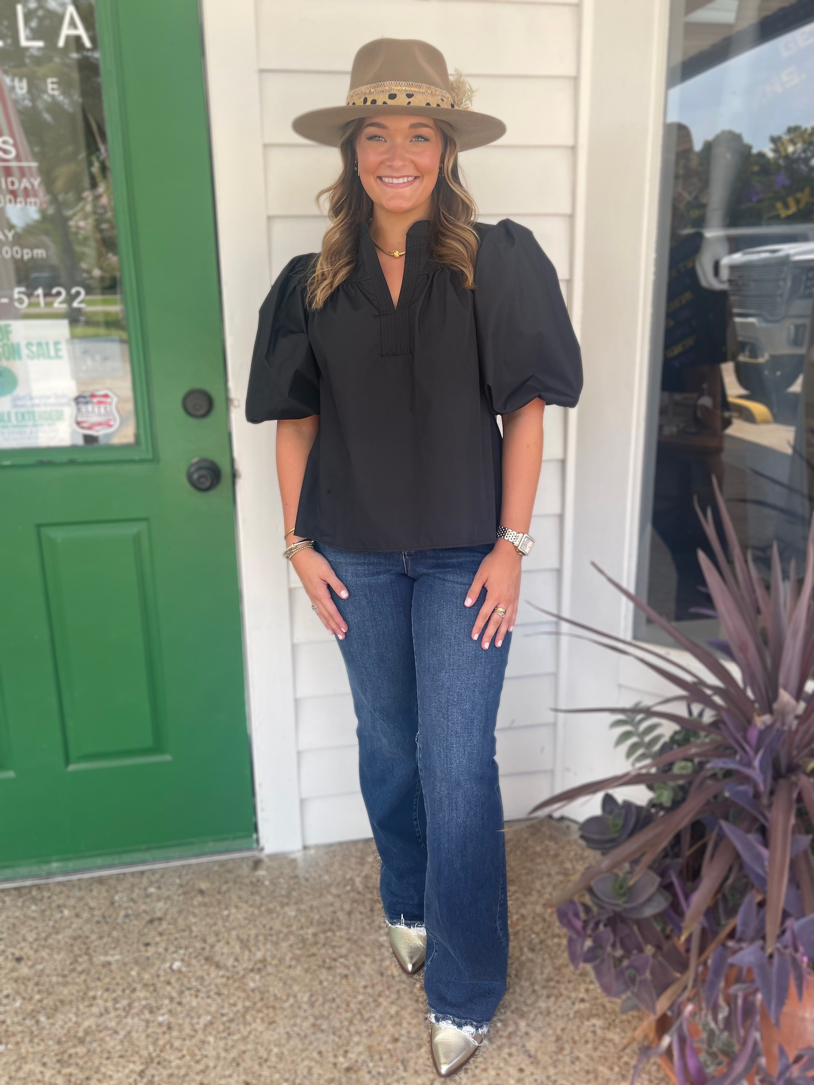 BLACK MANDARIAN COLLAR VNECK BUBBLE SLEEVE POPLIN TOP