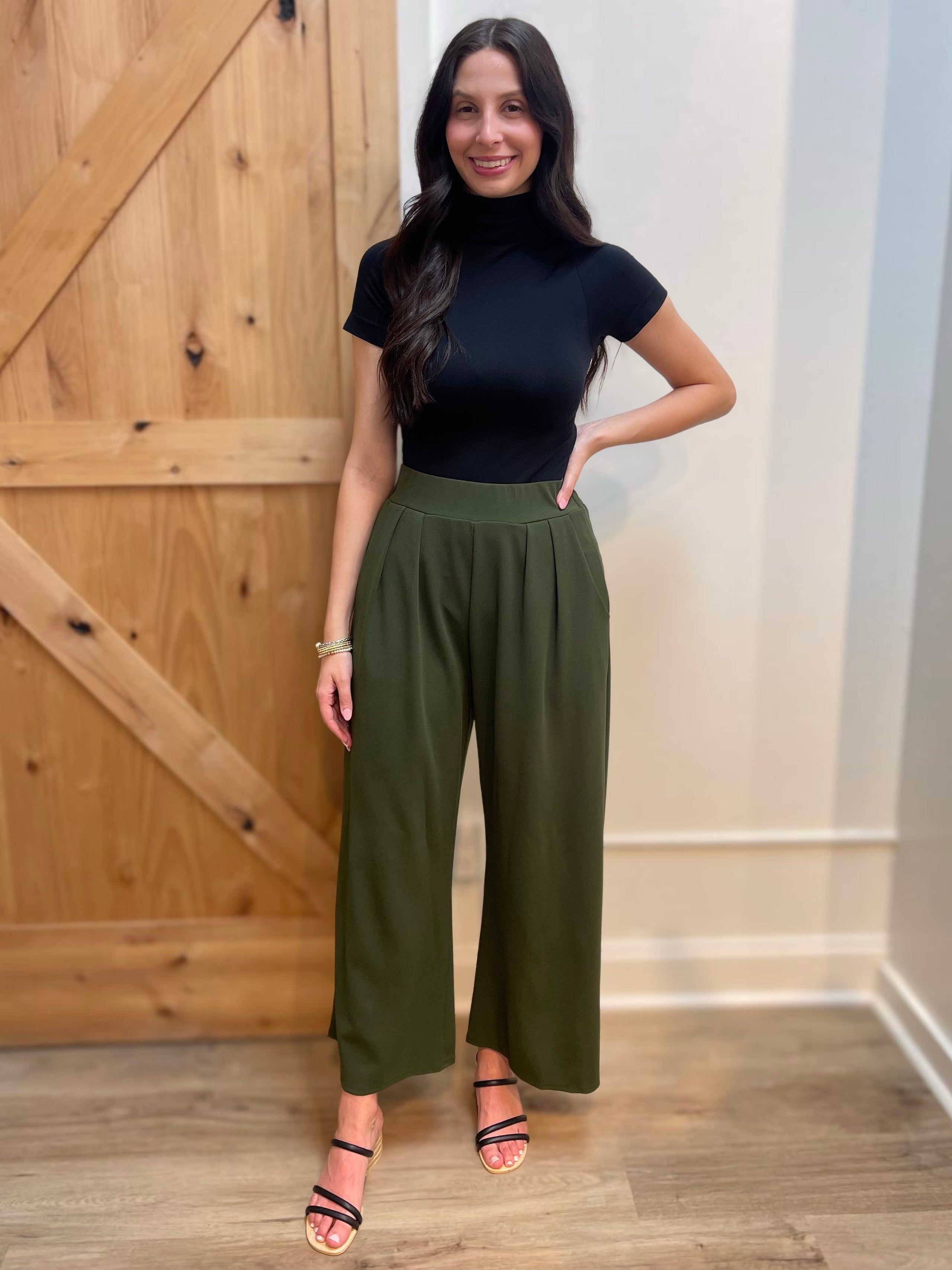 DARK OLIVE STRETCHY HIGH WAIST CREPE WIDE LEG PANTS