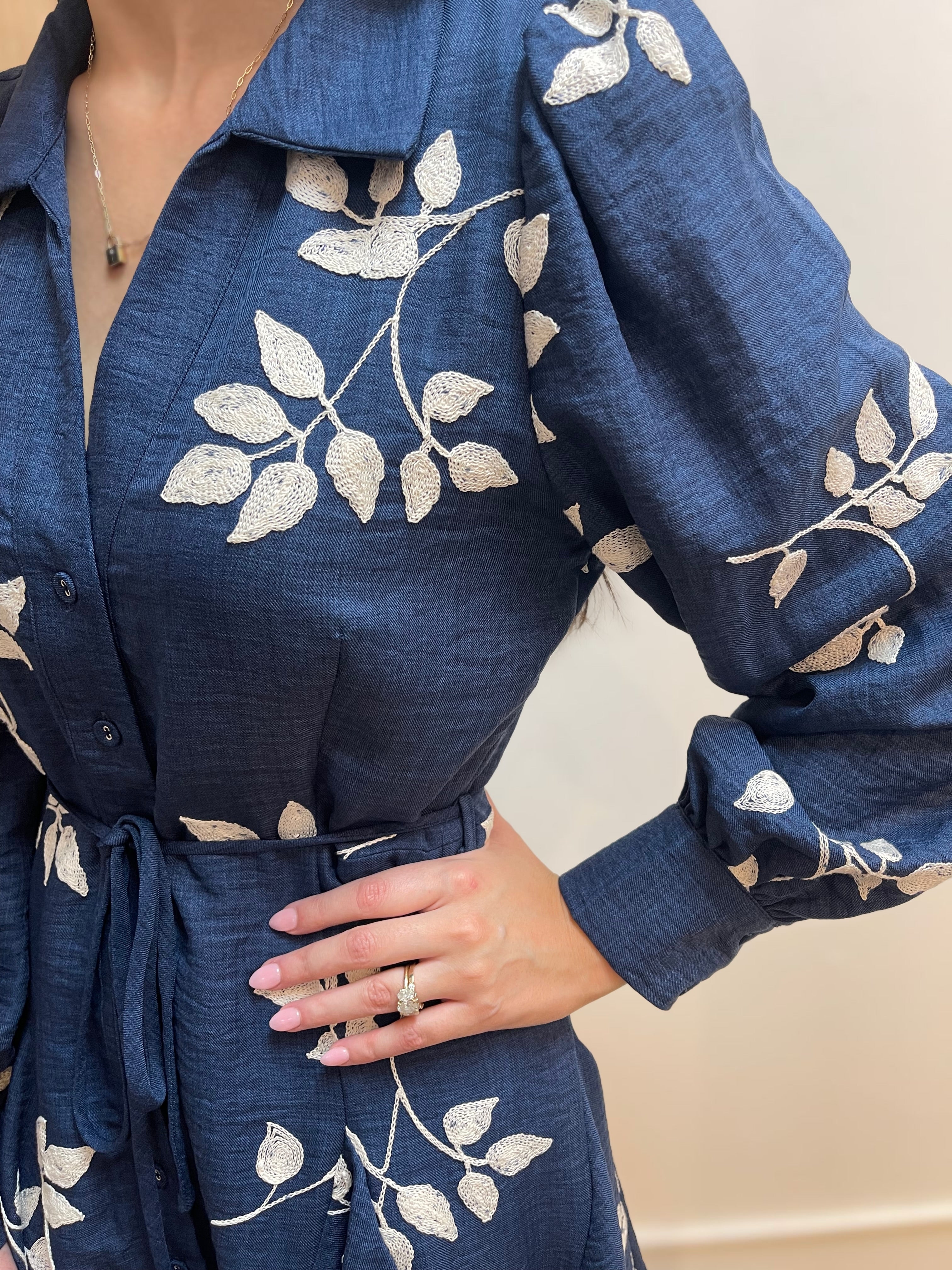 NAVY/WHITE EMBROIDERED LONG SLEEVE BUTTON DOWN MINI DRESS