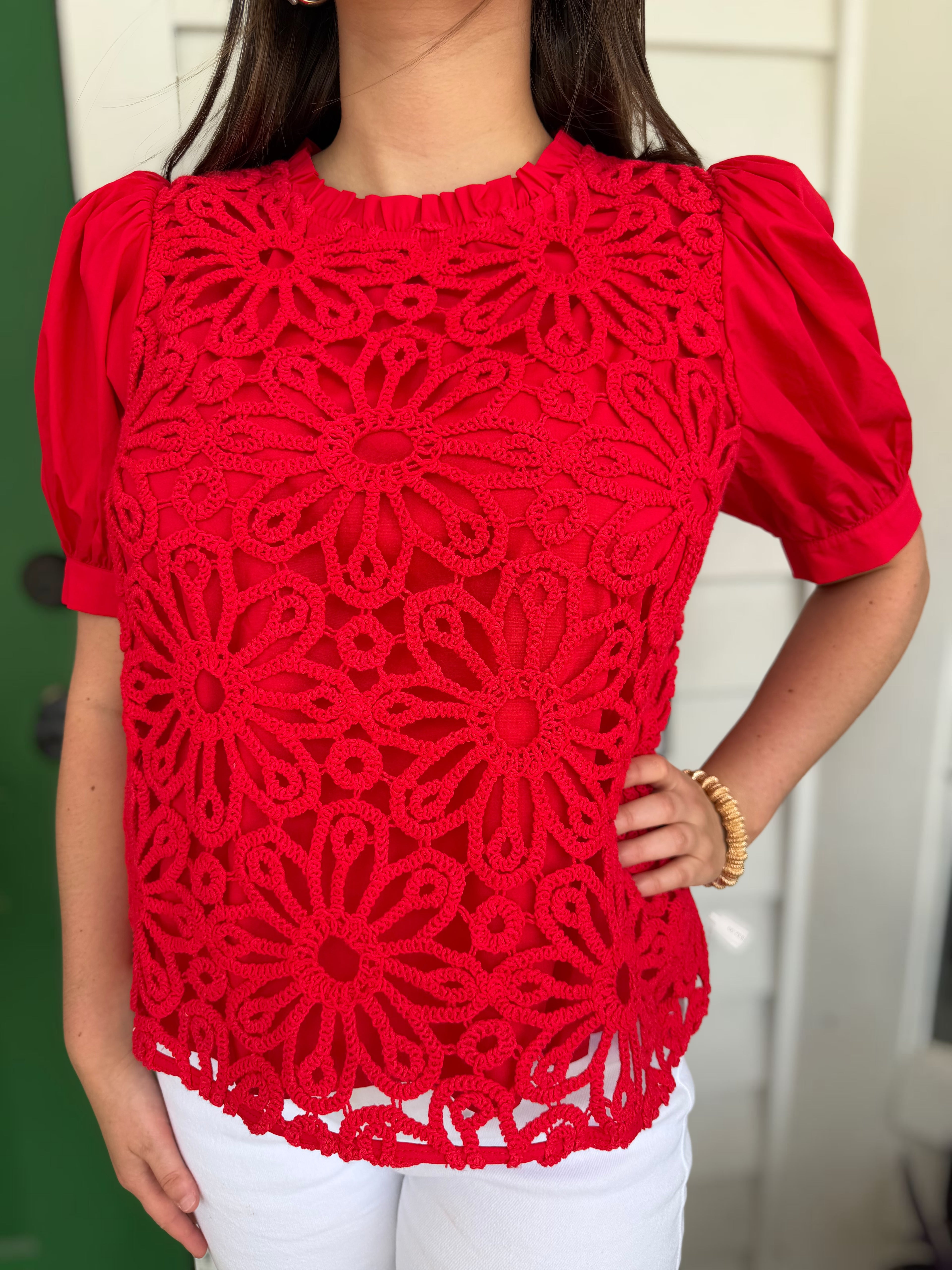 RED CROCHET LACE DETAIL SHORT PUFF SLEEVE TOP