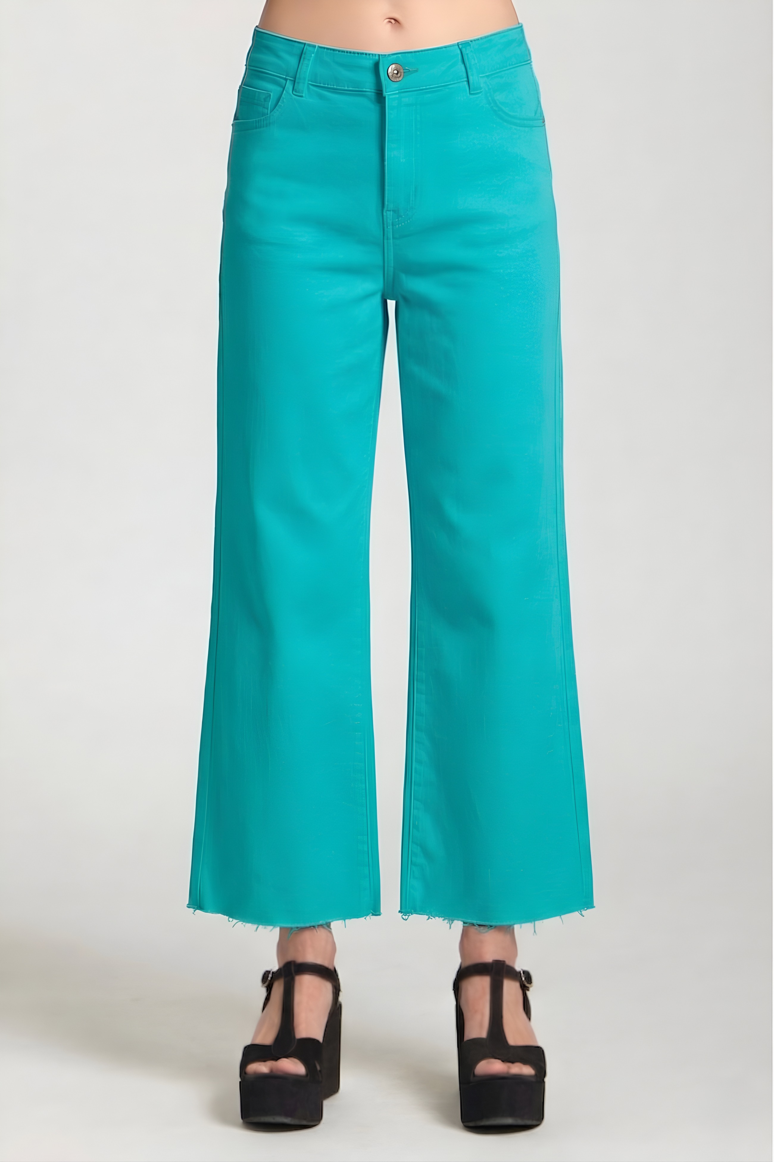 TURQUOISE MID-RISE RAW HEM CROPPED WIDE LEG JEANS